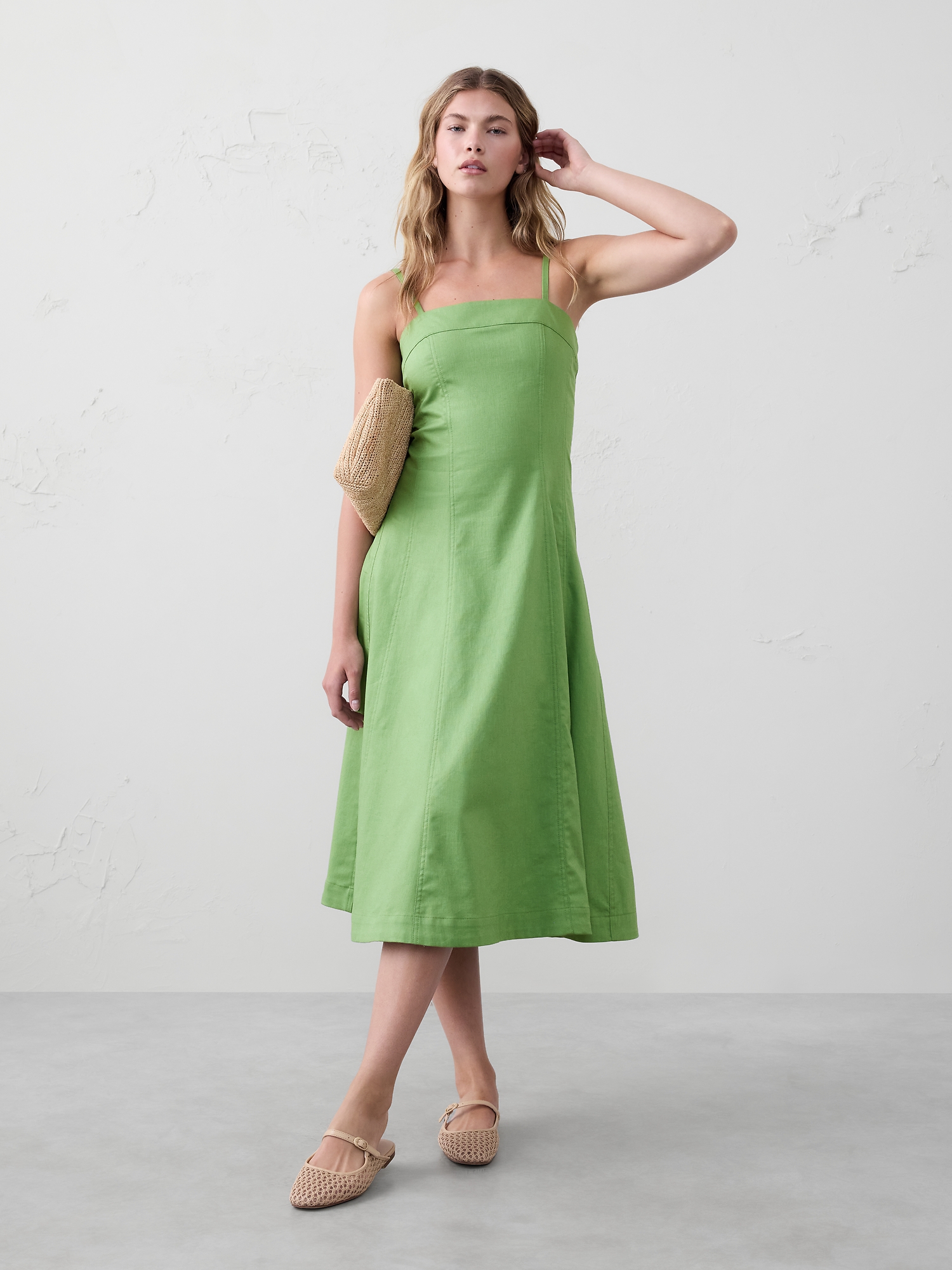 Linen-Blend Seamed Midi Dress