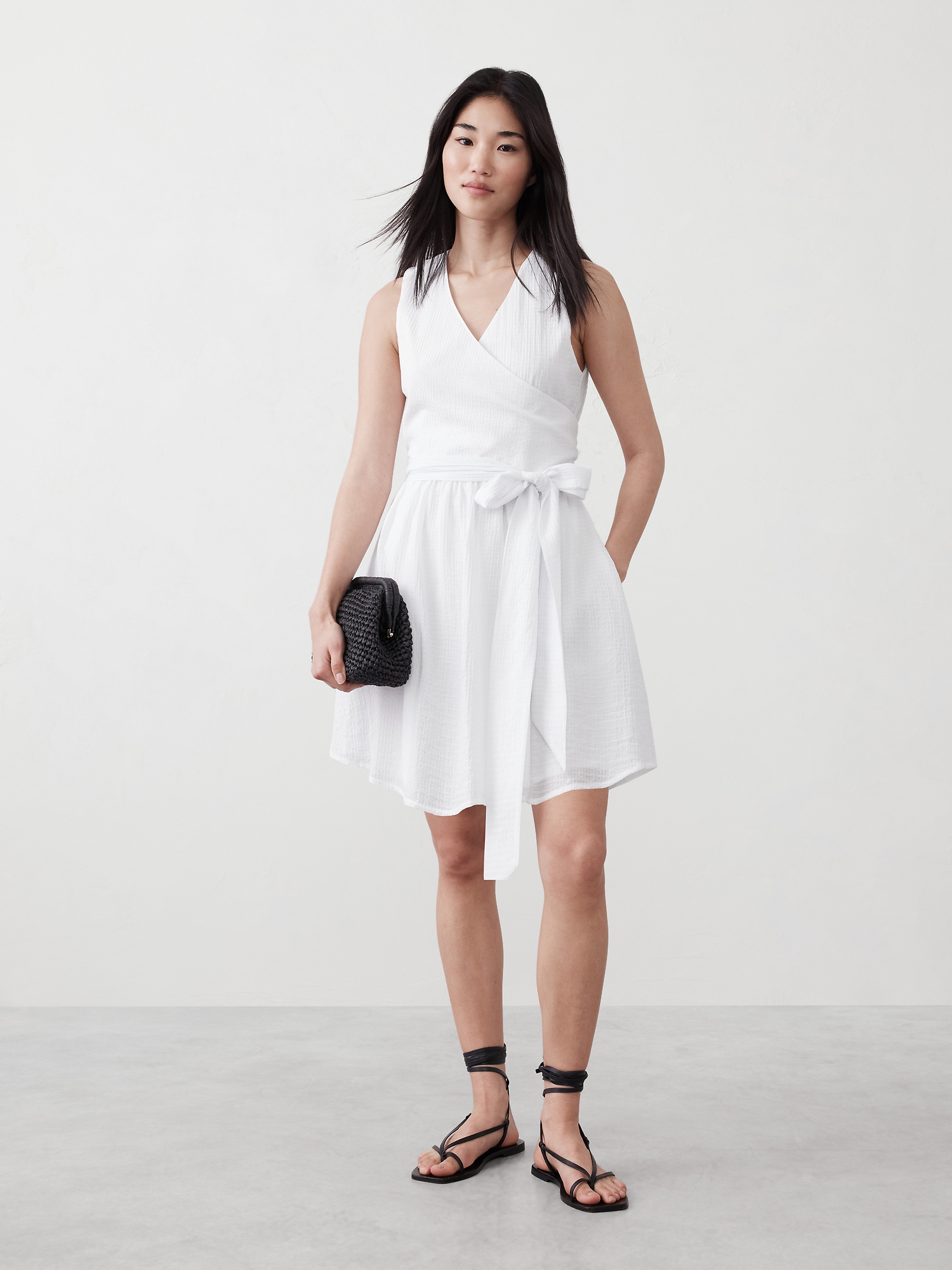 Textured Wrap-Waist Mini Dress - White