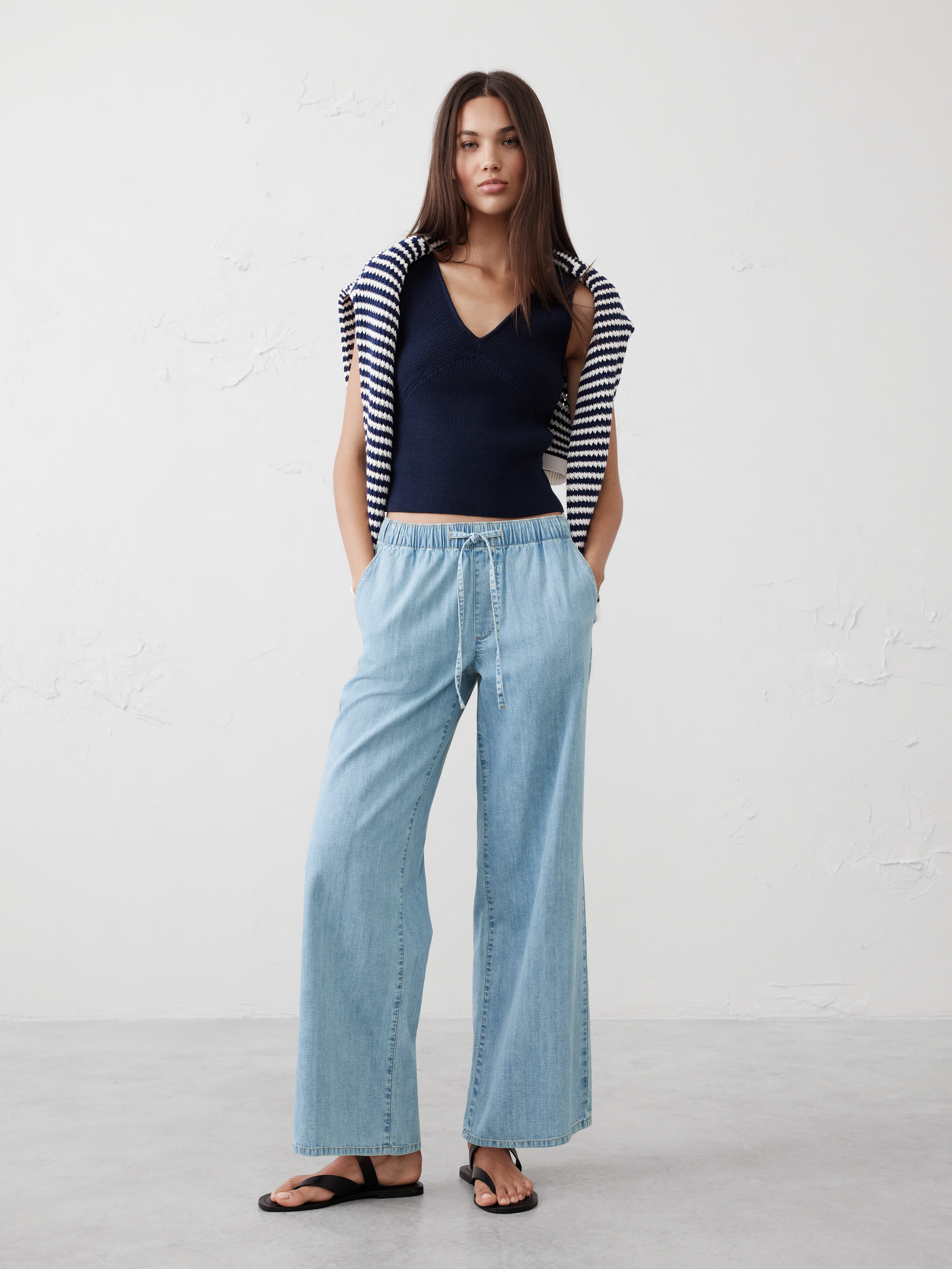 【BAON】Duran Summer Wide Denim Pants Wide-Leg Mid-Rise Summerweight Pull-On Jean | Banana