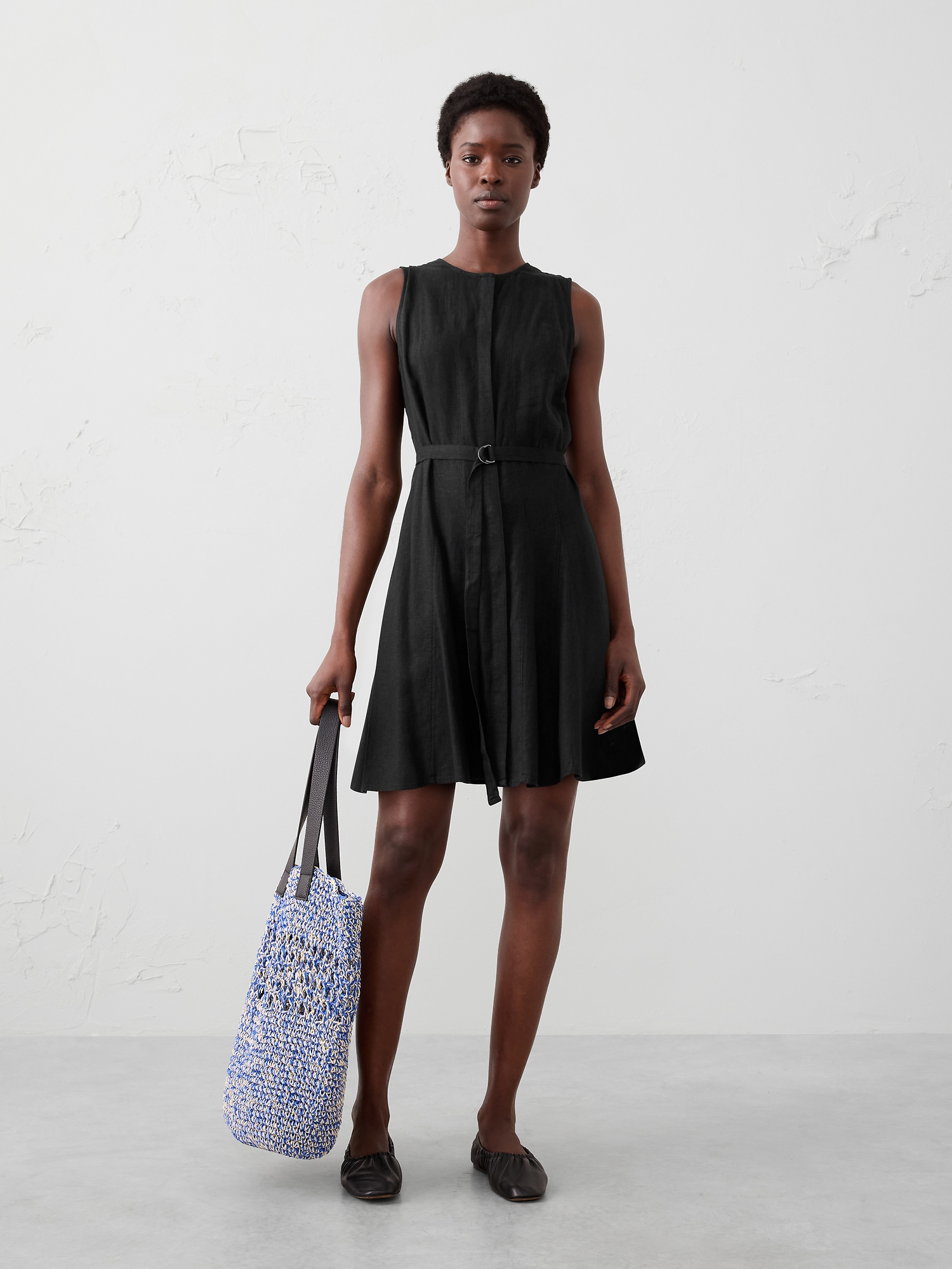 Linen-Blend Godet Mini Dress - Black