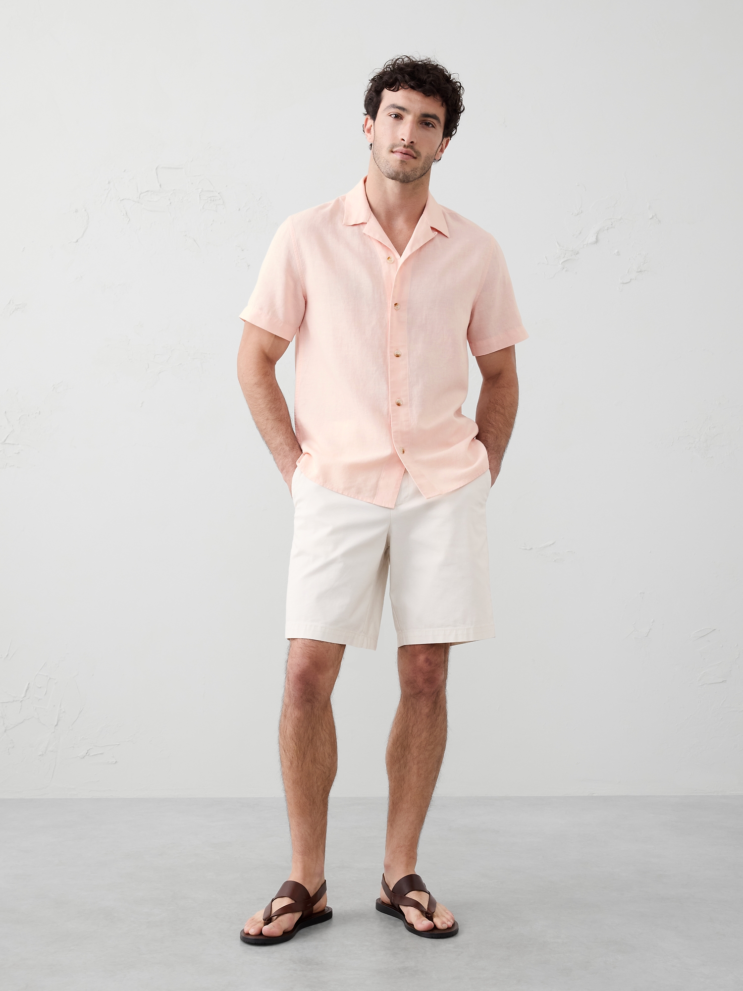 Standard Fit Linen-Blend Resort Shirt - Pink