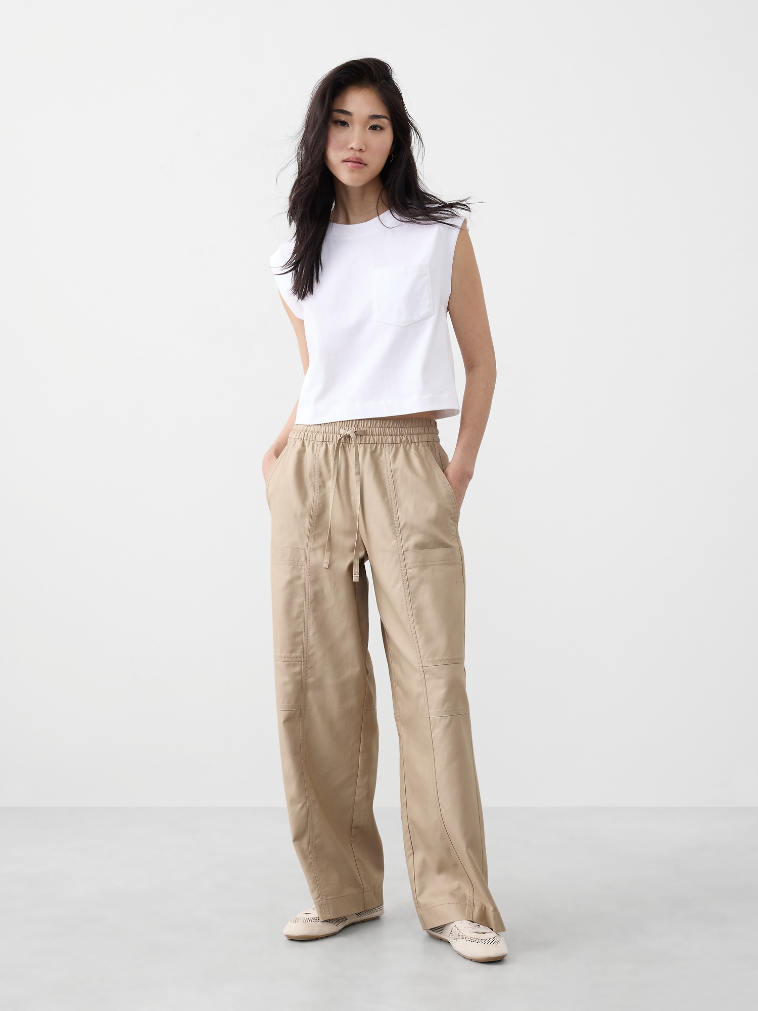 Wide-Leg Mid-Rise Cargo Pull-On Pant - Beige