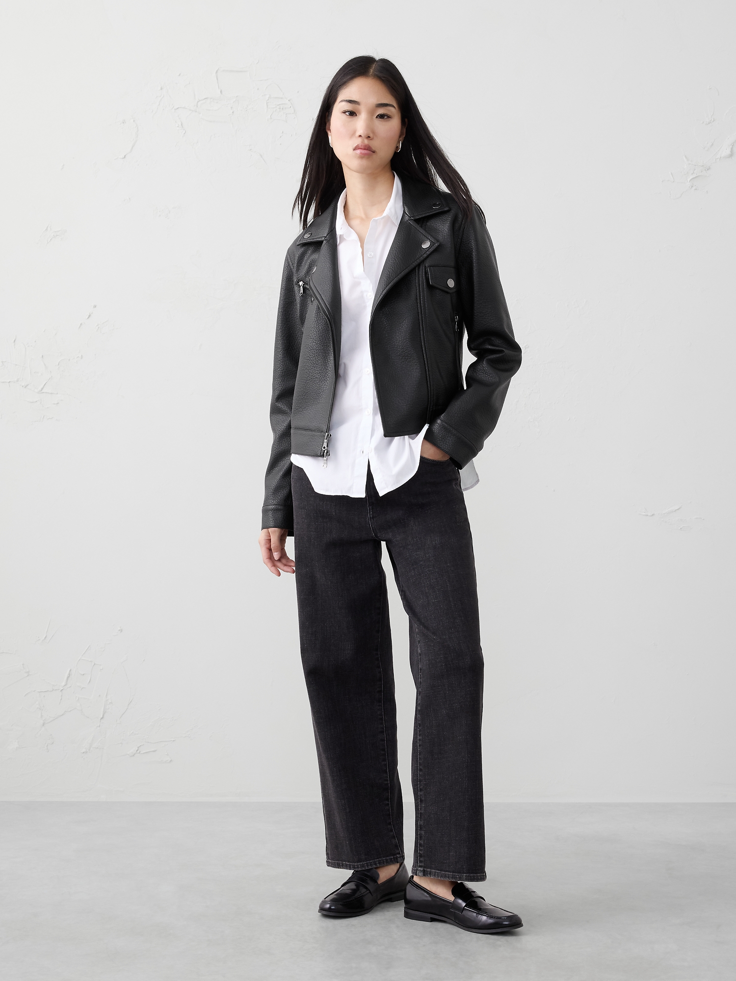Image number 1 showing, VEGAN LEATHER CROPPED MOTO JACKET