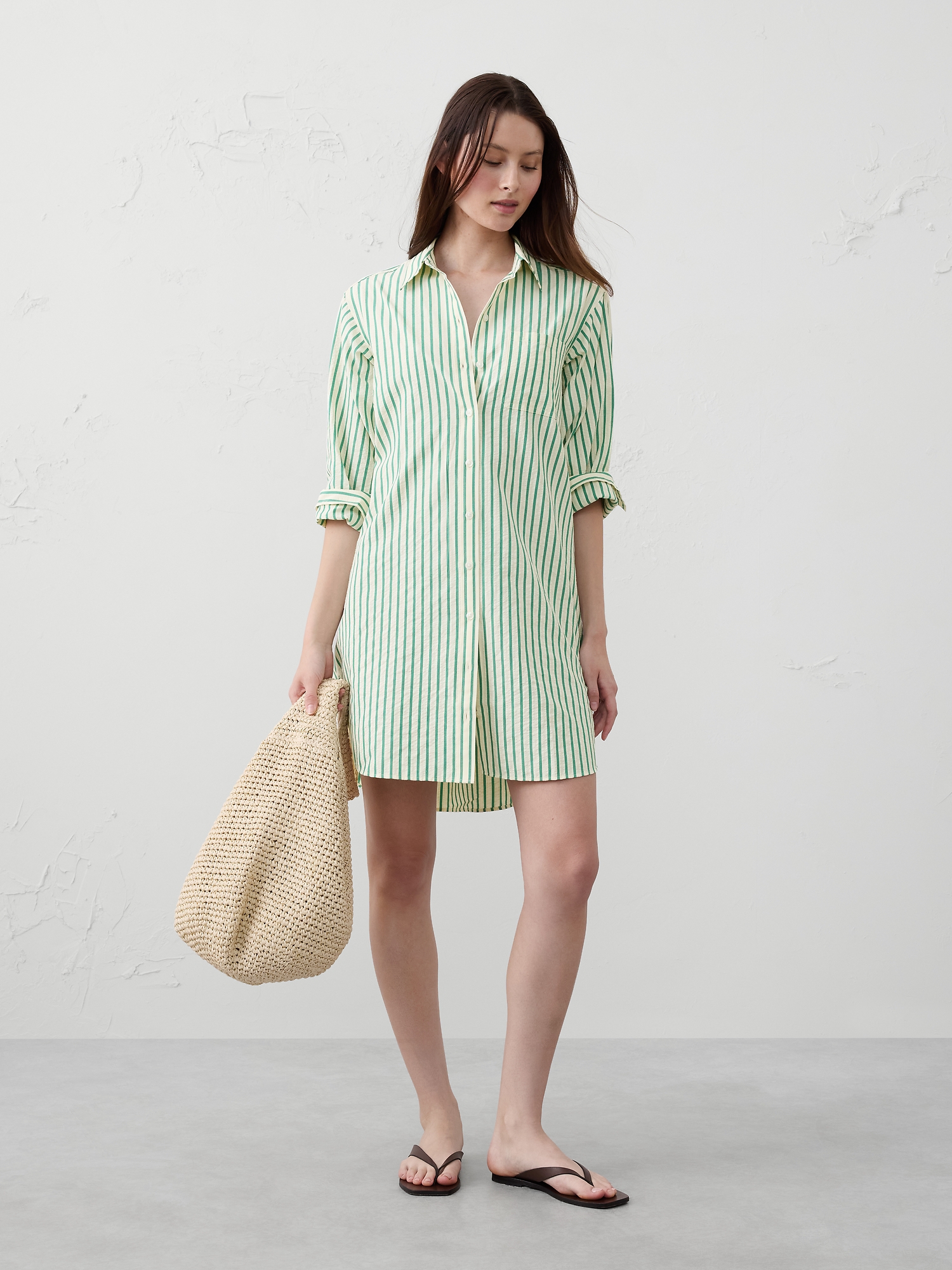 Seersucker Mini Shirtdress - Green Stripe