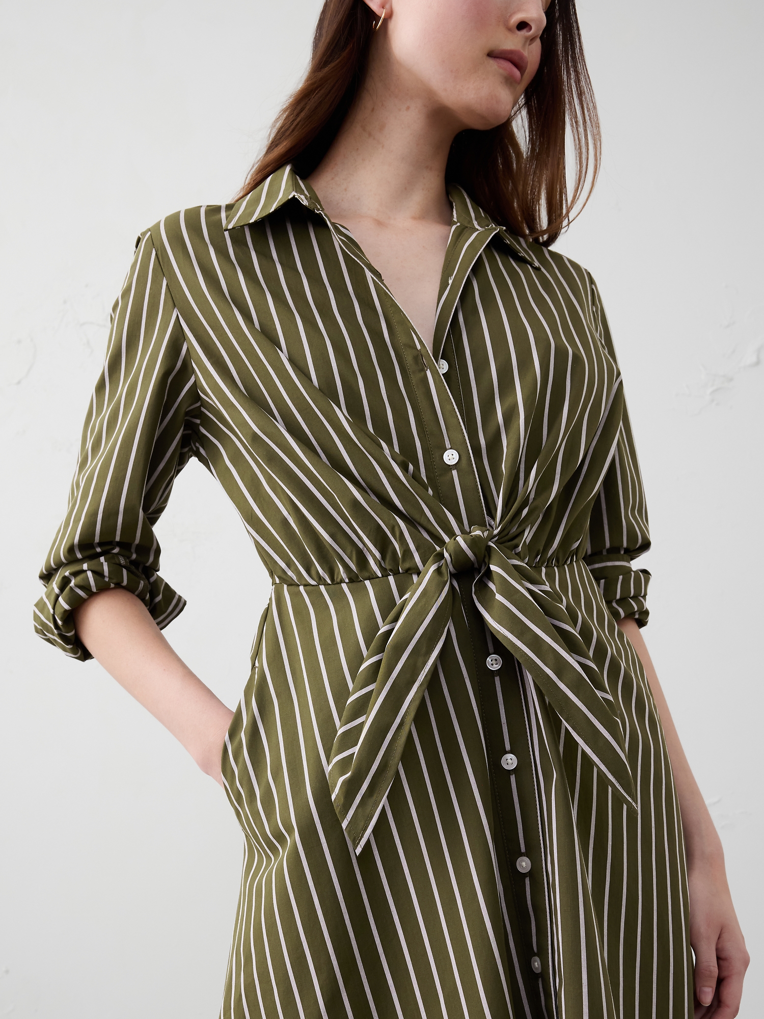 Cuffed Tie-Front Midi Shirtdress