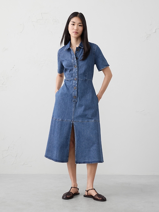 white christmas dresses Denim Collared Sleeveless Button Down Self Sash Tie Midi Dress *FINAL – SSYS main image 0