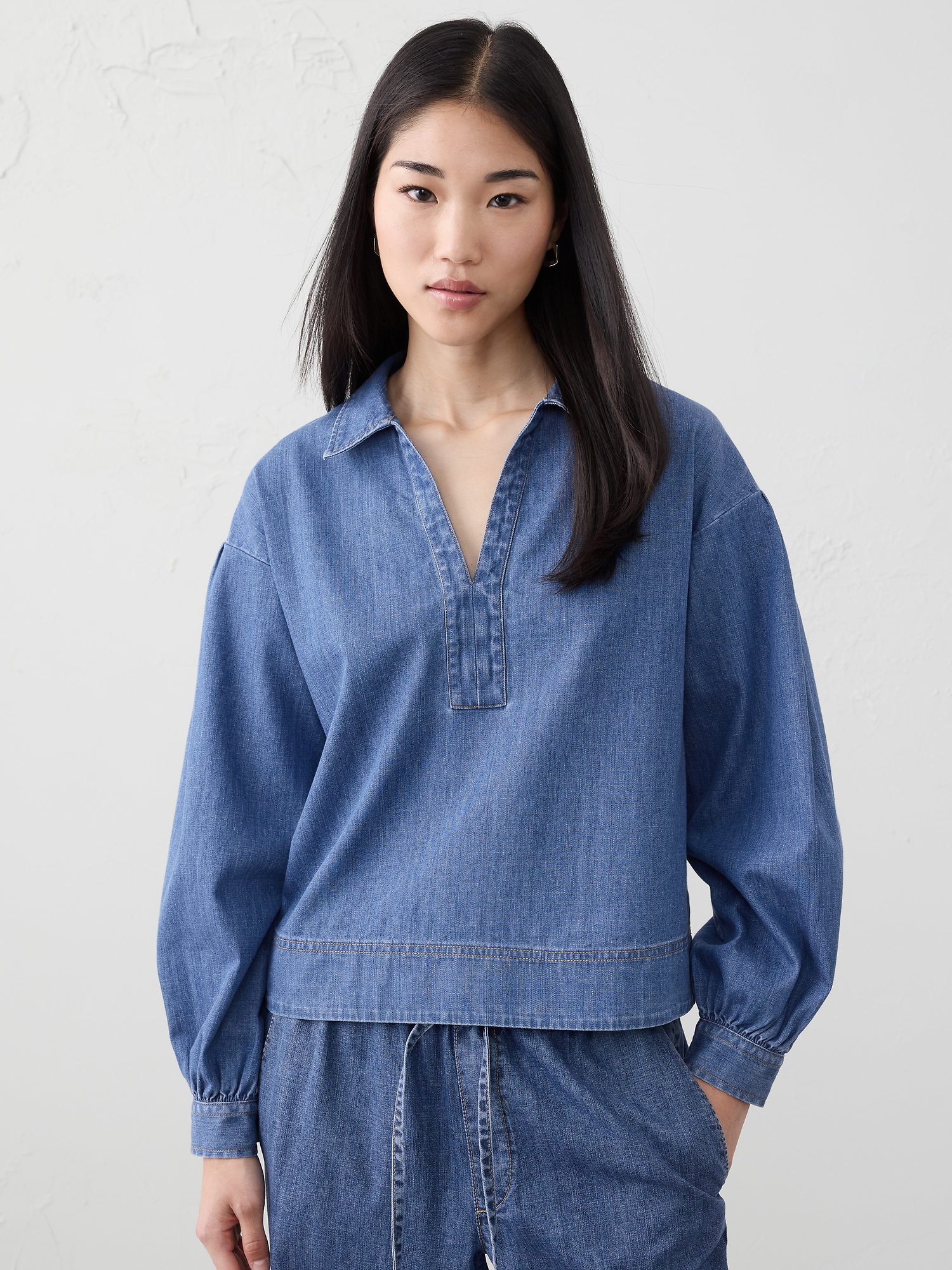 Denim Johnny-Collar Top - Blue