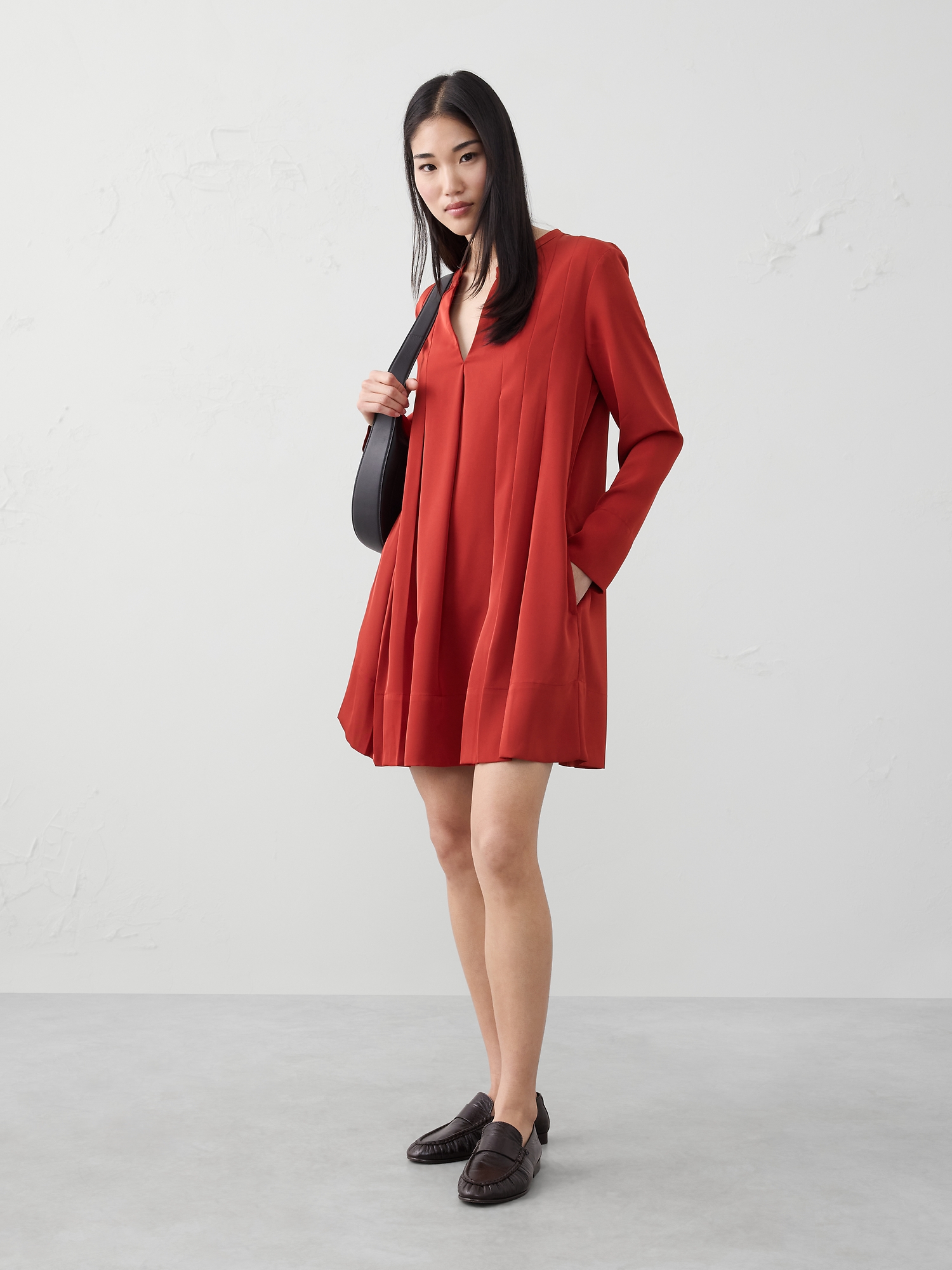 Image number 1 showing, SPLIT-NECK SWING MINI DRESS