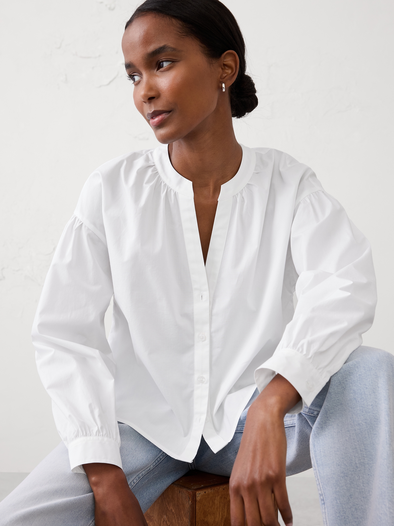 Poplin Puff-Sleeve Buttoned Top - White