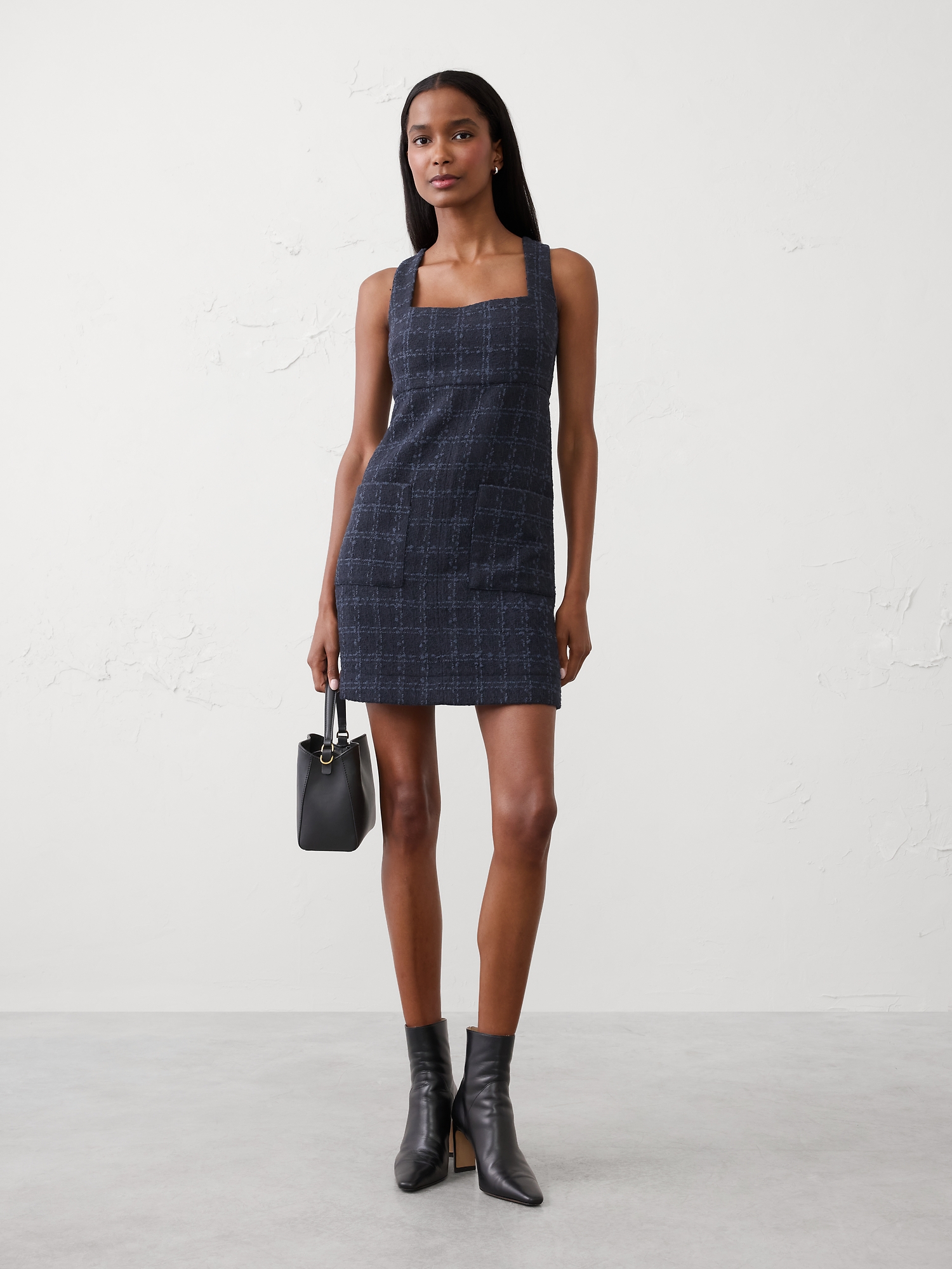 Tweed Empire-Waist Mini Dress - Navy Plaid