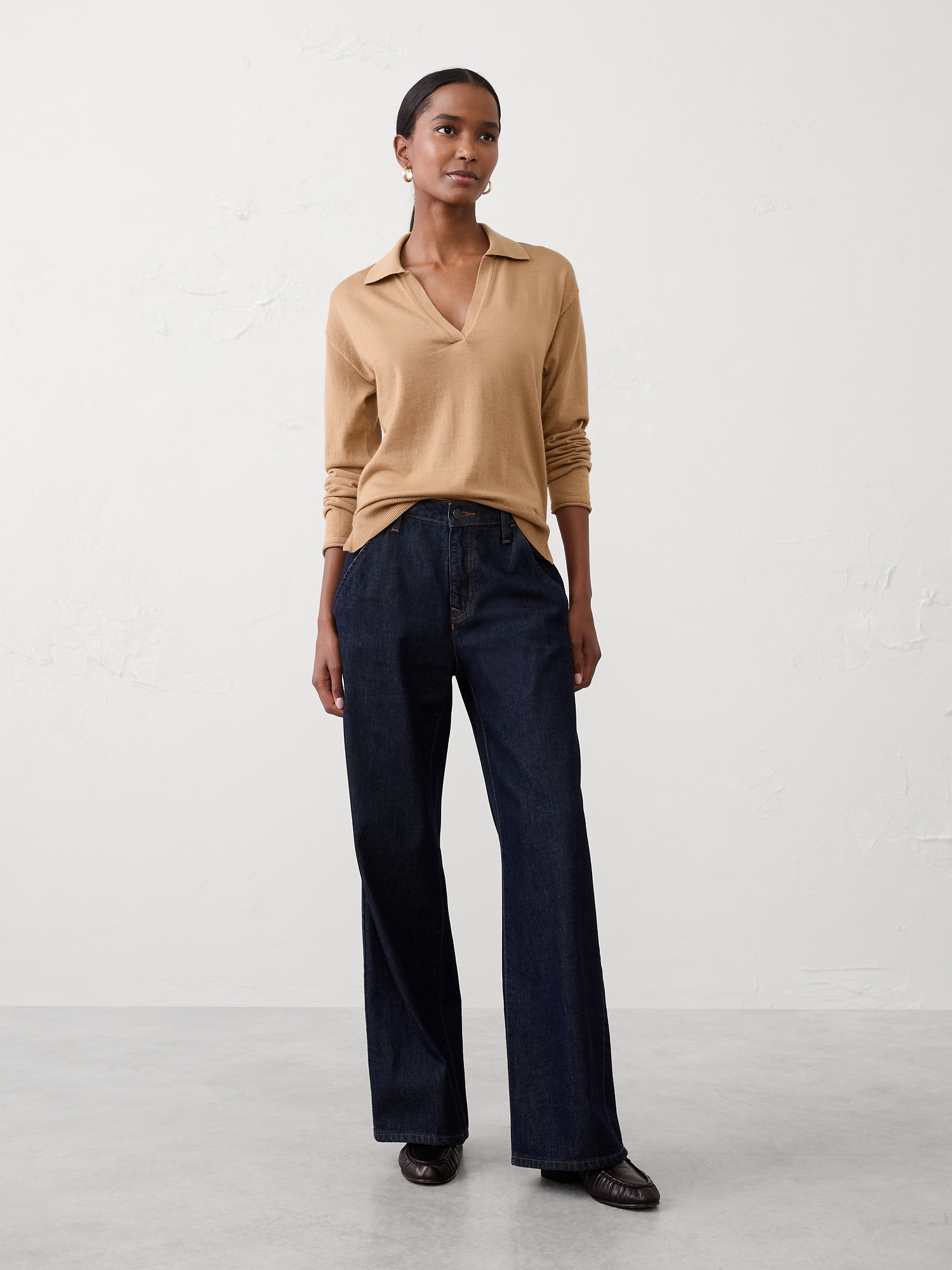 Merino Wool Johnny-Collar Sweater - Beige