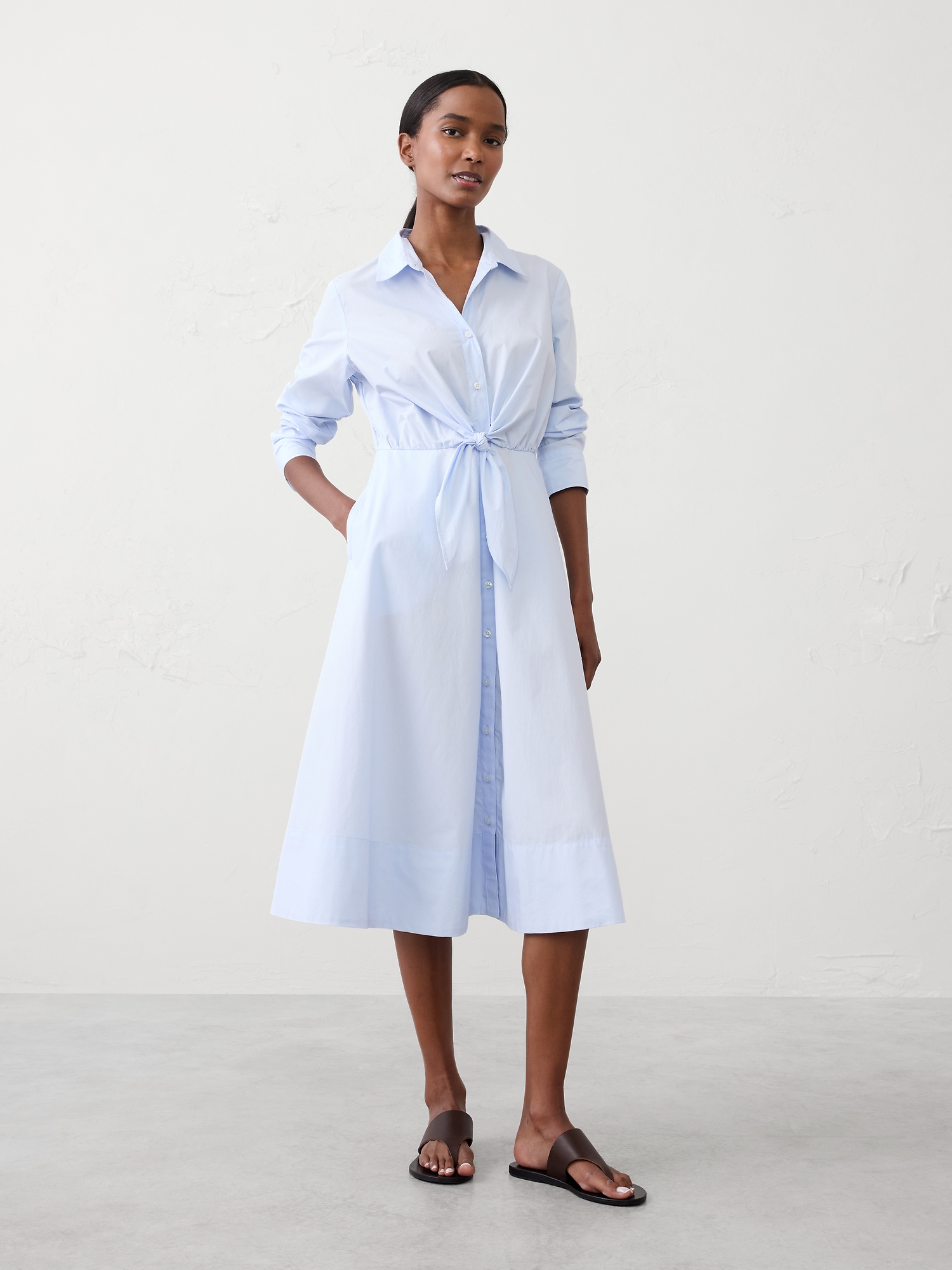Cuffed Tie-Front Midi Shirtdress