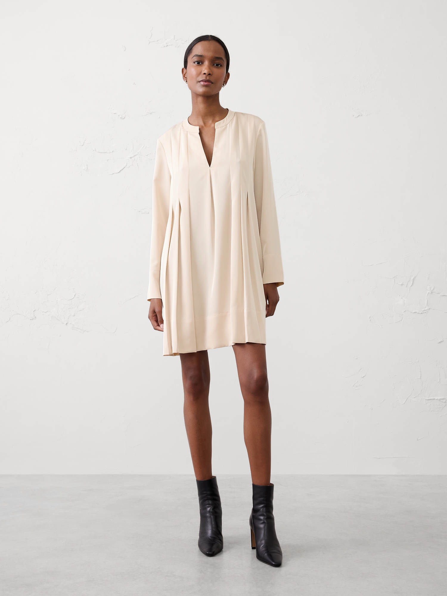 Image number 1 showing, SPLIT-NECK SWING MINI DRESS