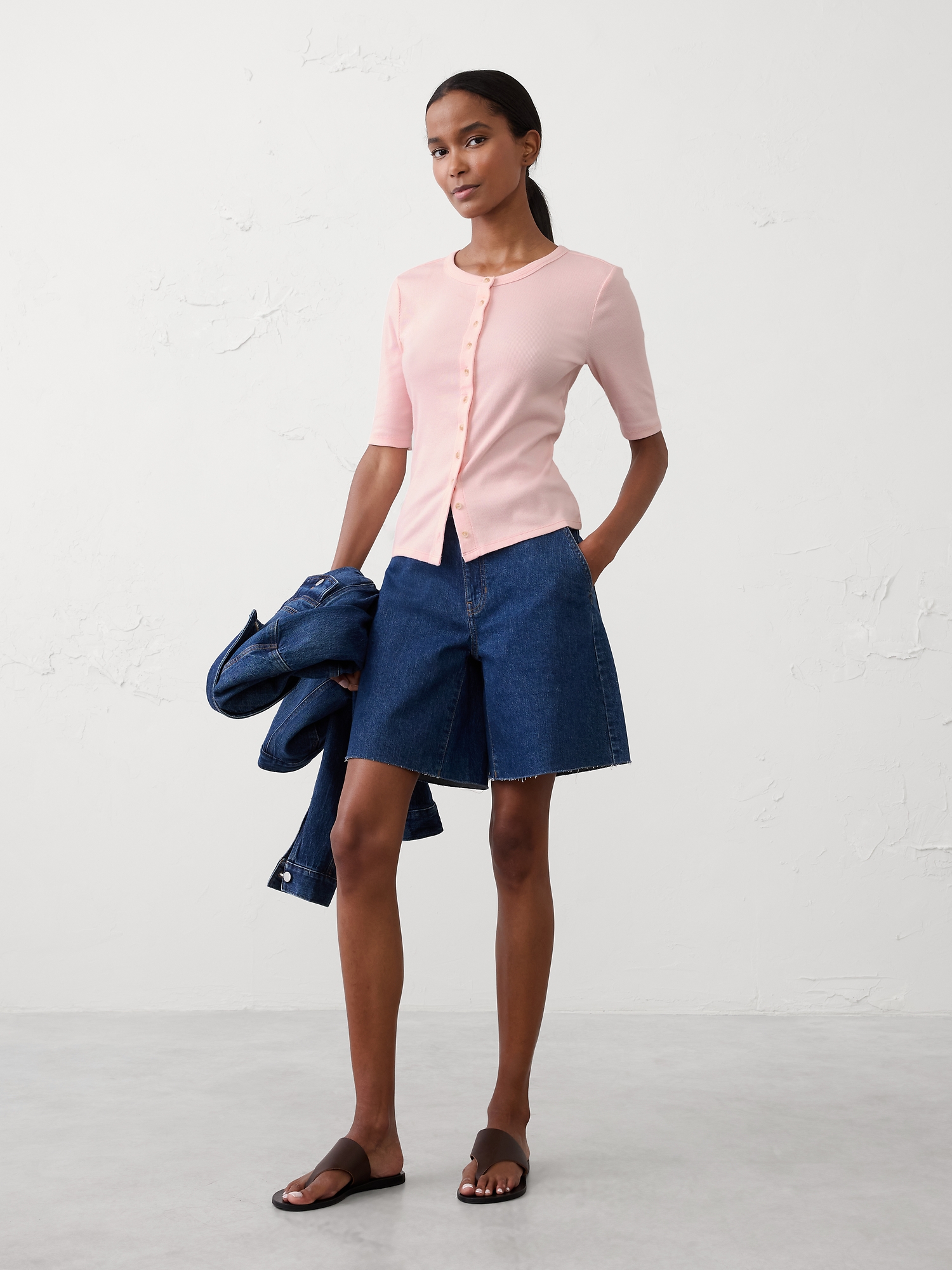 Ribbed Button-Down Top - Pink
