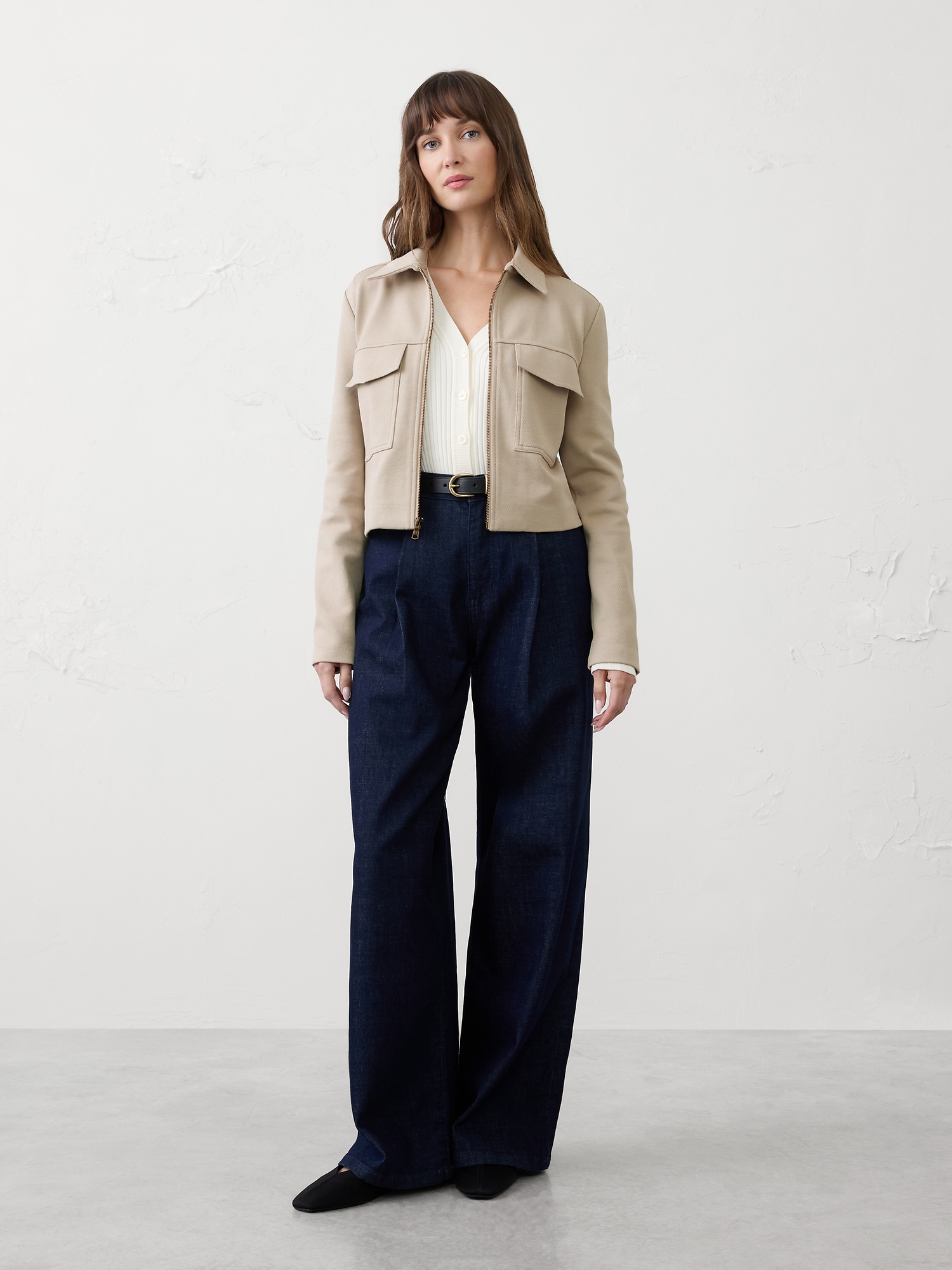 Image number 1 showing, KNIT TWILL CROPPED JACKET