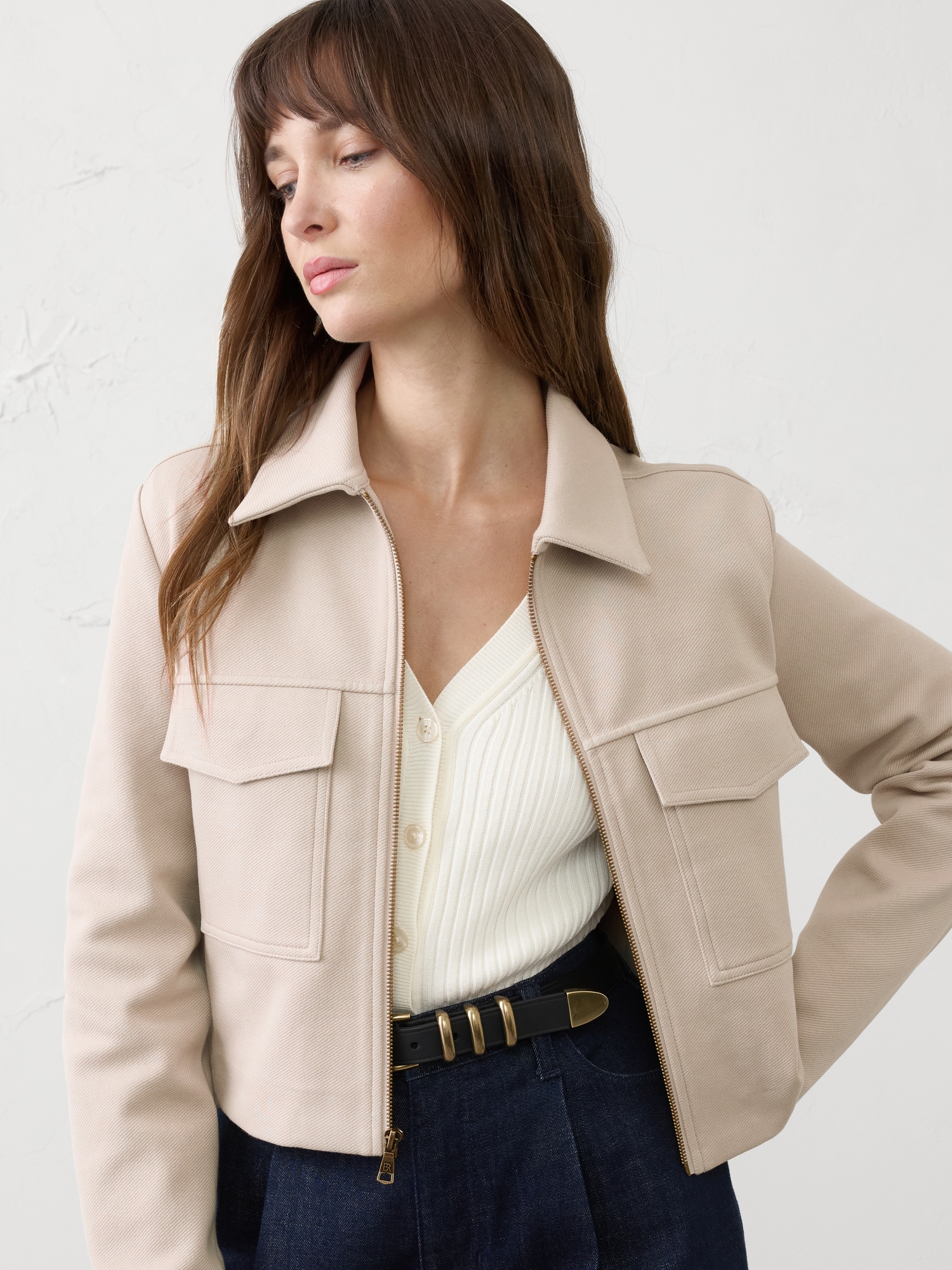 Image number 3 showing, KNIT TWILL CROPPED JACKET