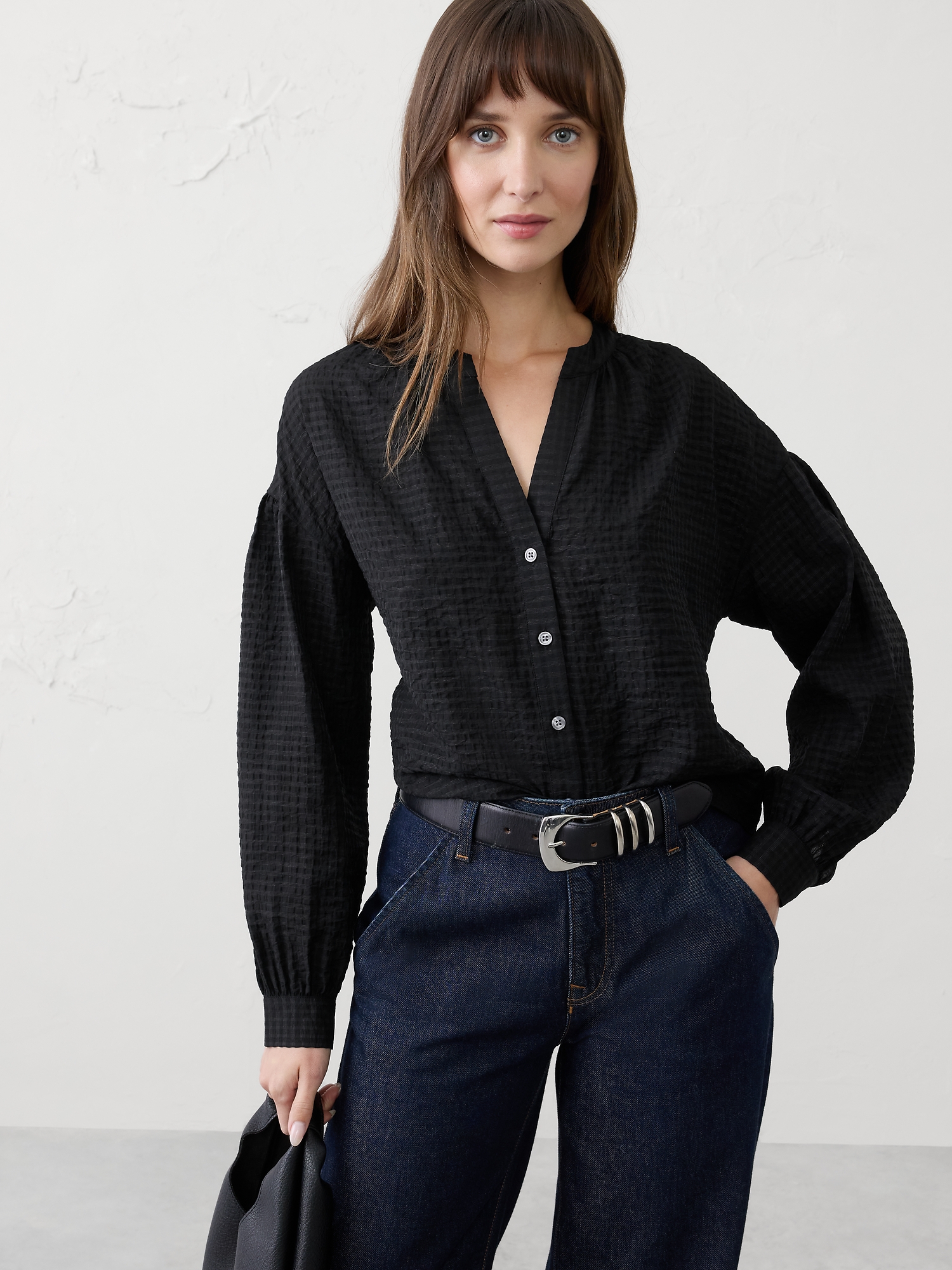 Image number 1 showing, JACQUARD PUFF-SLEEVE TOP
