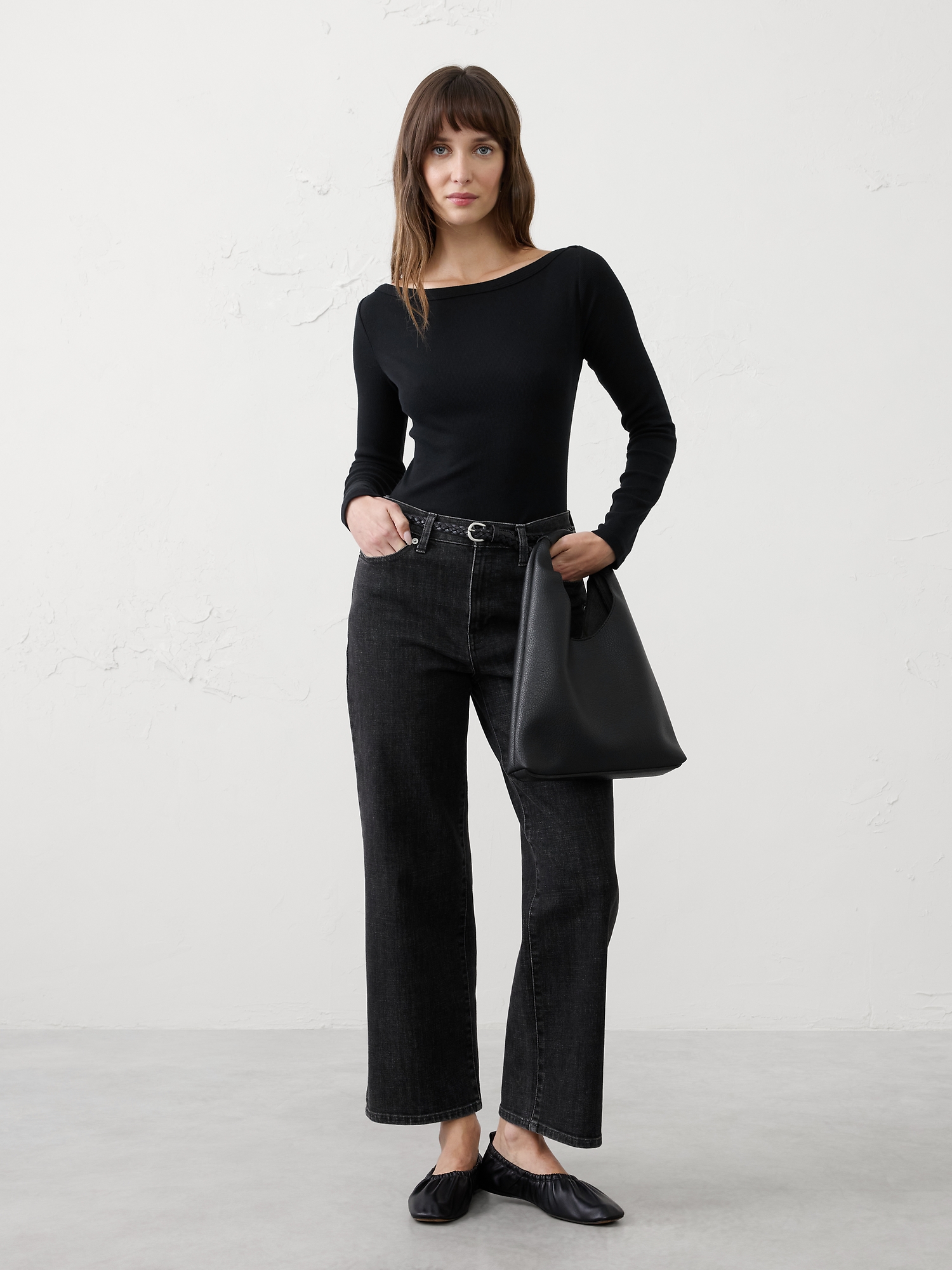 Ribbed Boat-Neck Top - Black