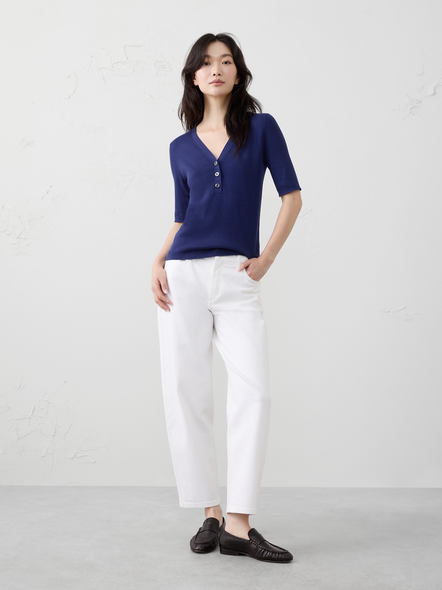 Chandail henley en tricot côtelé - Bleu Grisâtre