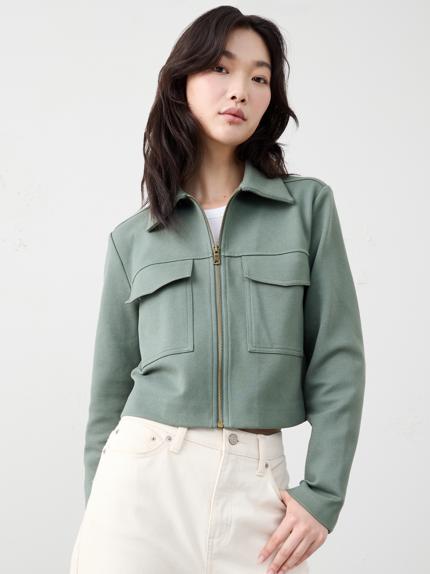 Image number 1 showing, KNIT TWILL CROPPED JACKET