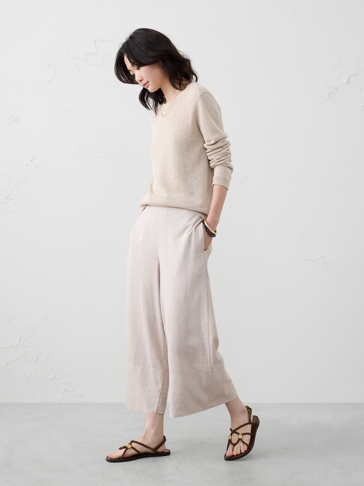 WIDE-LEG HIGH-RISE LINEN-BLEND CROPPED PULL-ON PANT