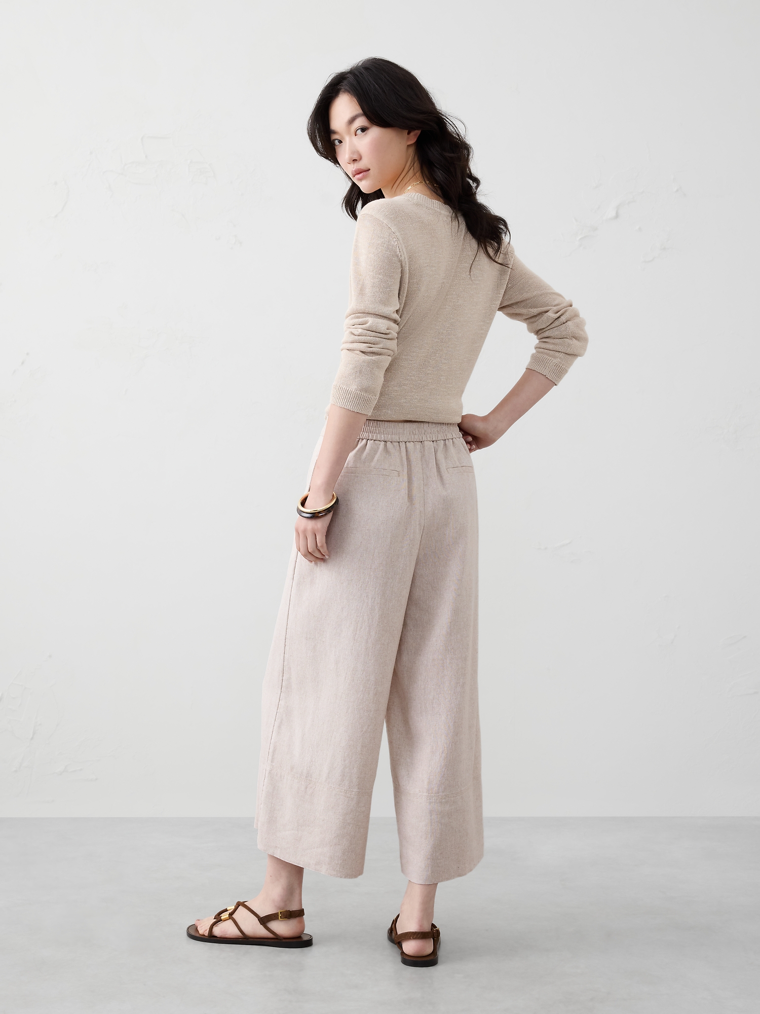Image number 2 showing, WIDE-LEG HIGH-RISE LINEN-BLEND CROPPED PULL-ON PANT