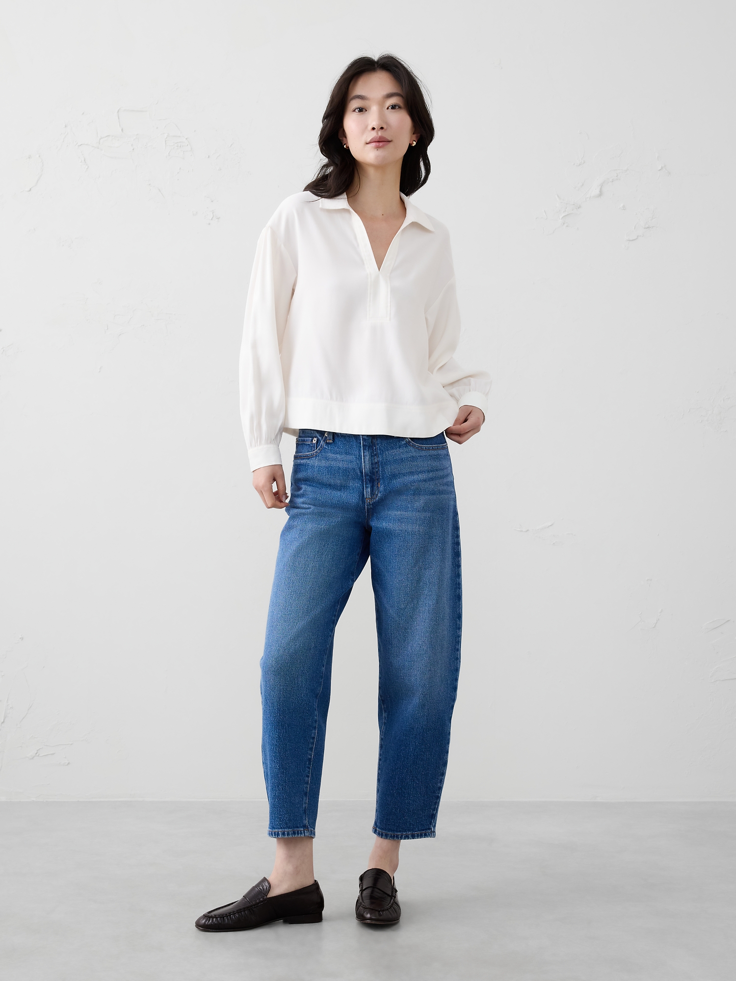 Johnny-Collar Twill Popover Top - Snow Day