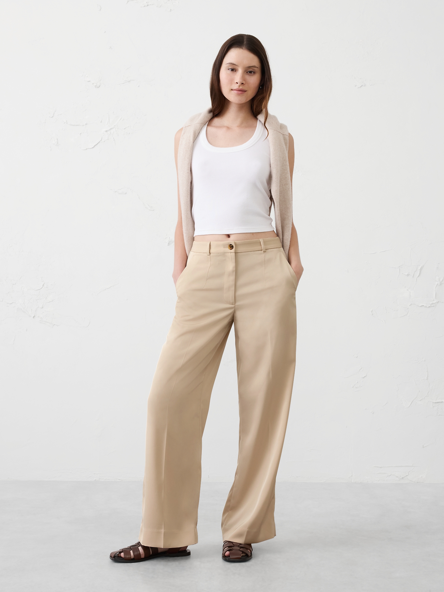 Wide-Leg High-Rise Satin Trouser - Oyster Pearl