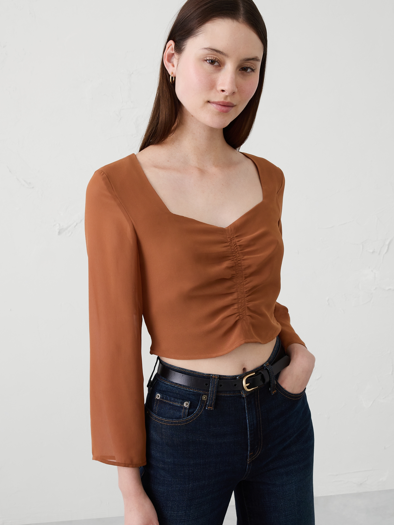 Image number 1 showing, Cropped Shirred Sweetheart-Neck Top
