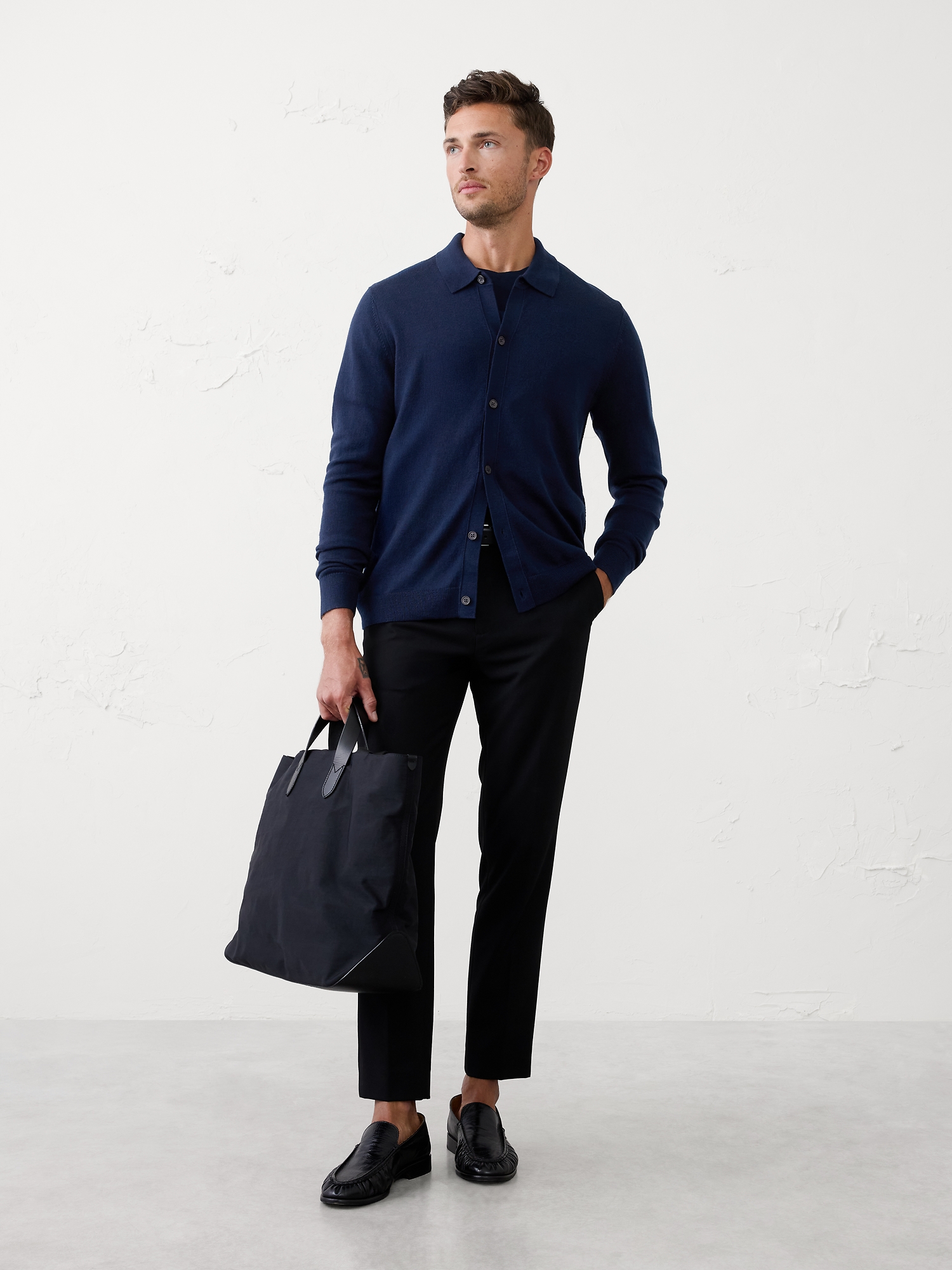 Merino Wool Button-Through Polo Sweater - Deep Navy