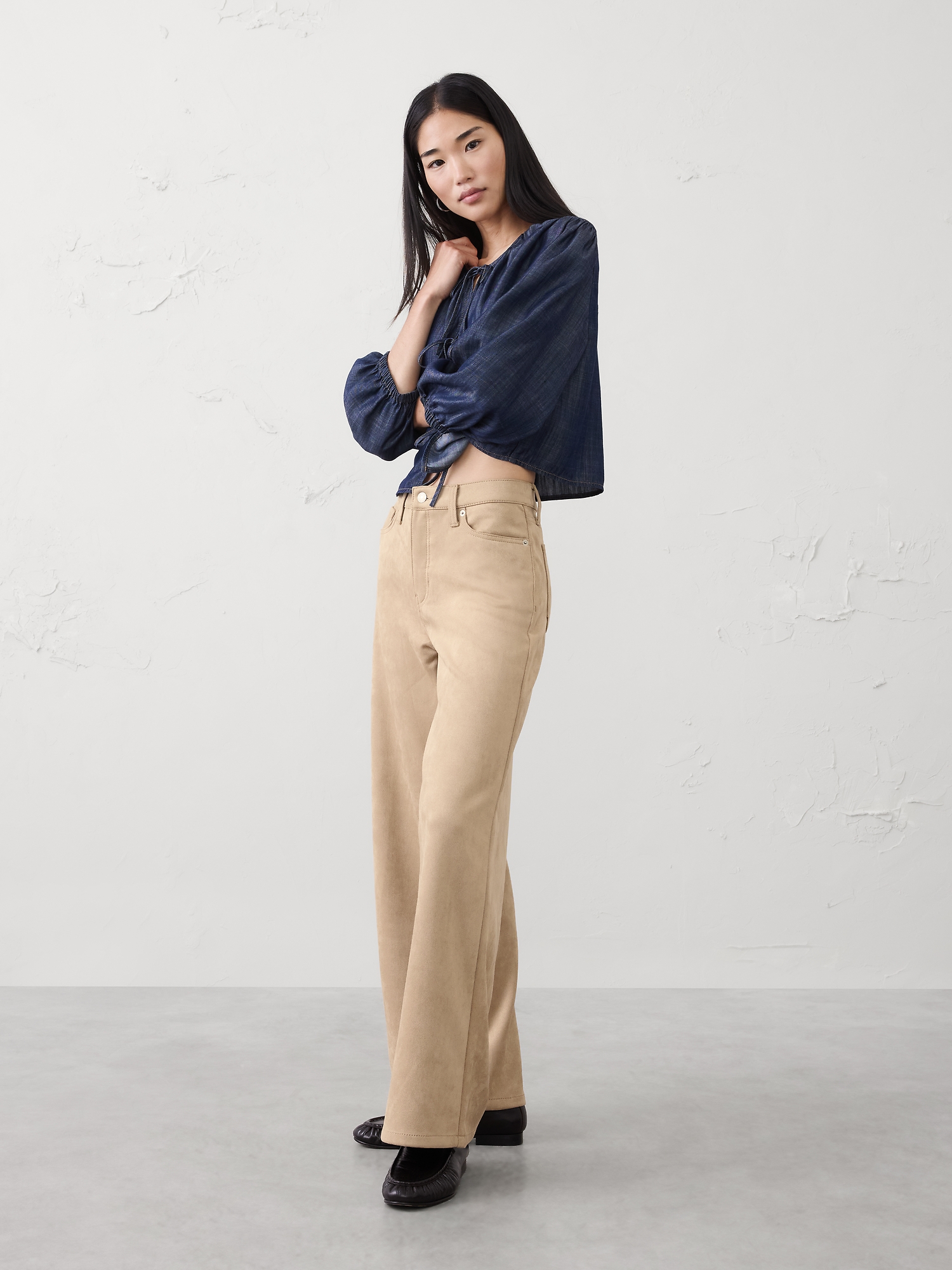 Image number 1 showing, WIDE-LEG HIGH-RISE VEGAN SUEDE PANT