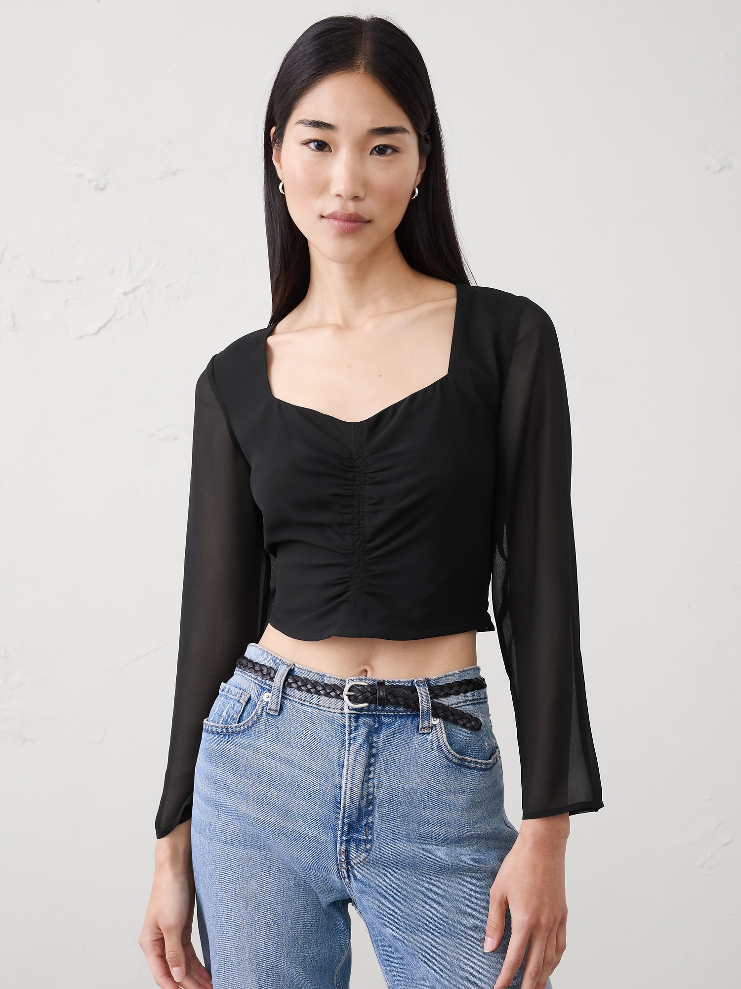 Cropped Shirred Sweetheart-Neck Top