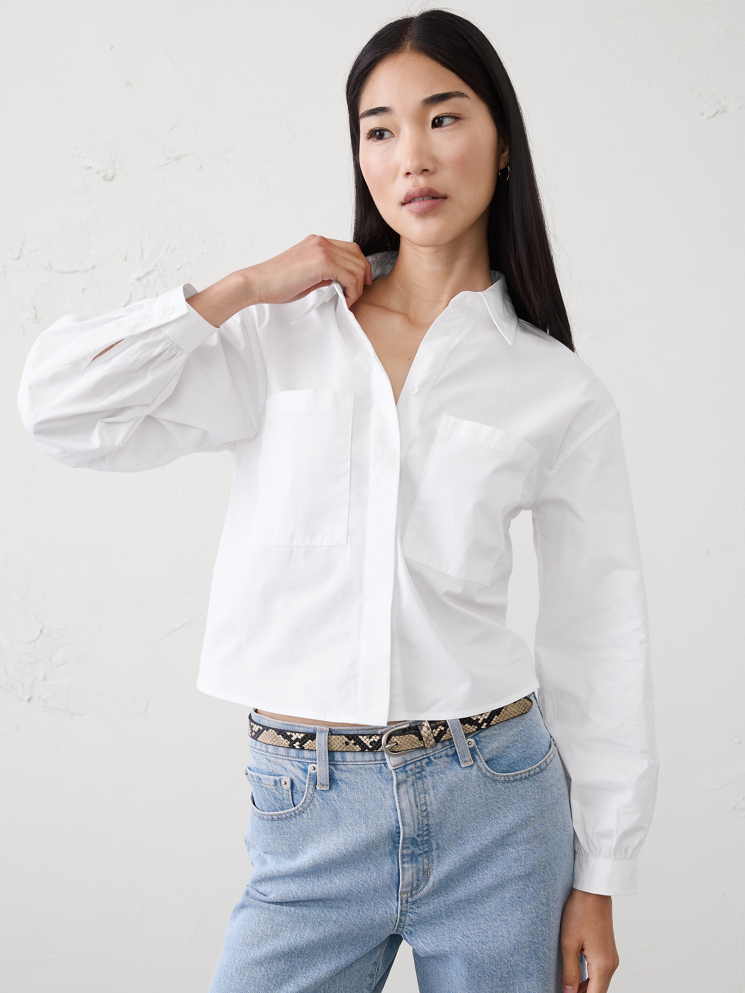 Cropped Double Pocket Shirt - White