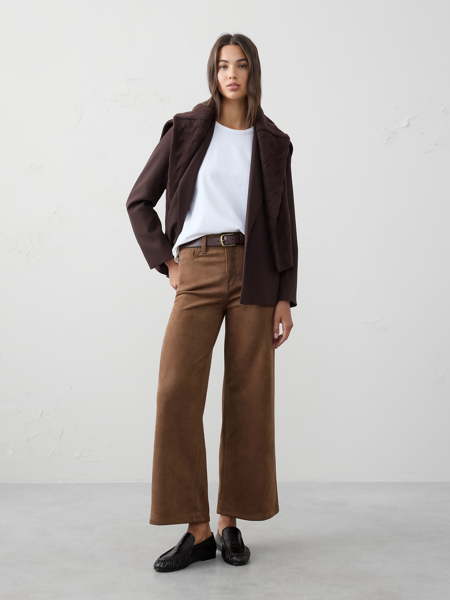 Wide-Leg High-Rise Vegan Suede Pant - Brown