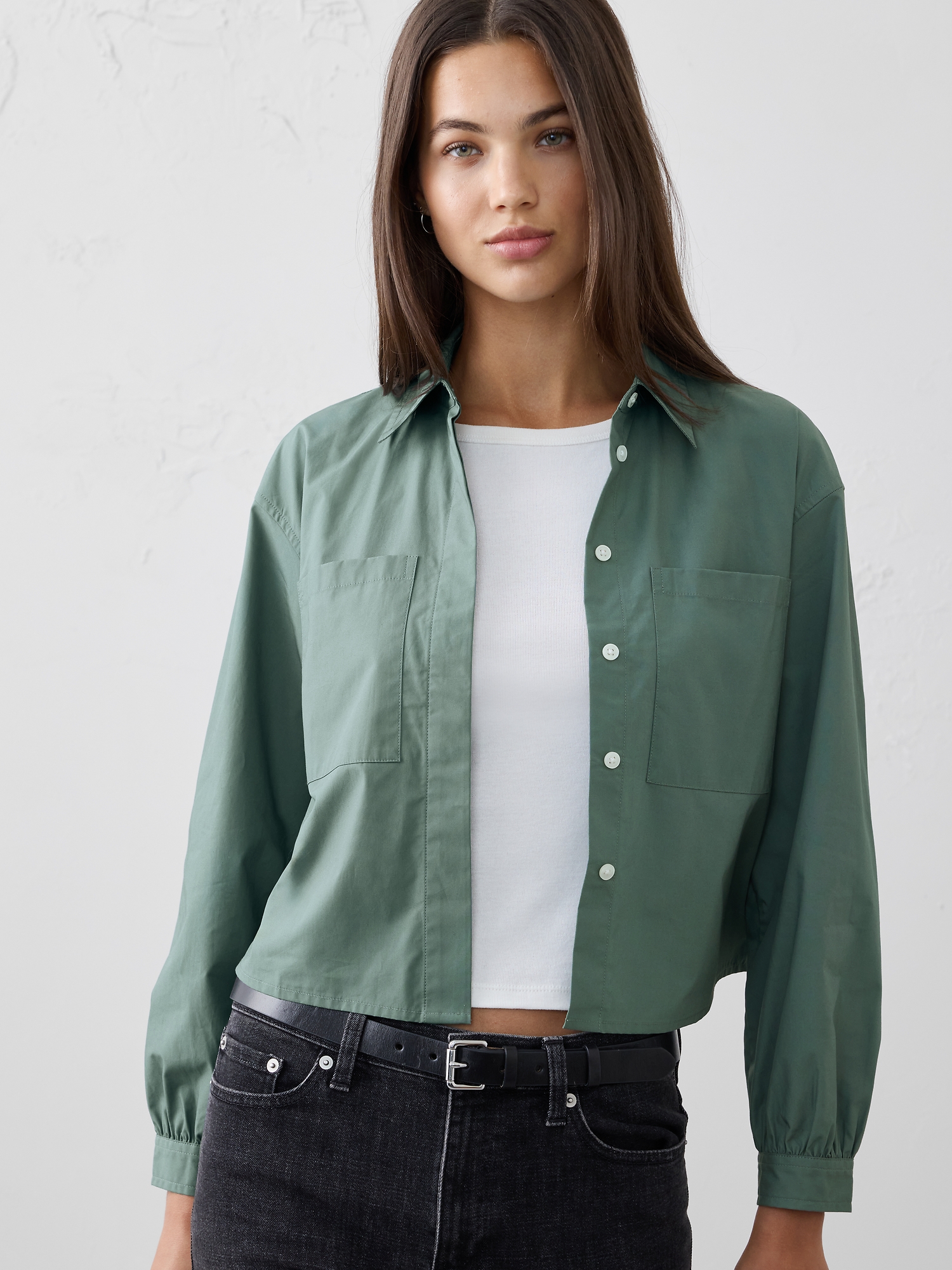 Image number 1 showing, CROPPED DOUBLE POCKET SHIRT