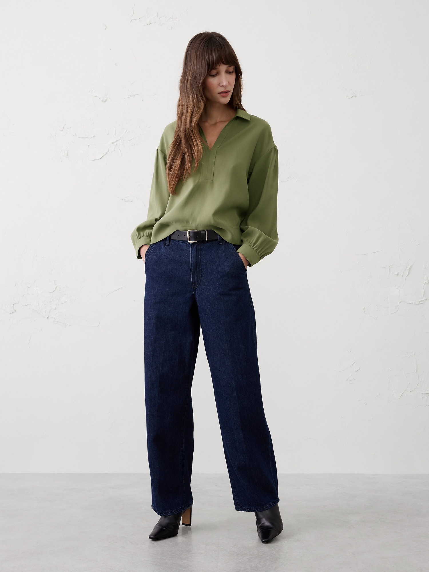 Johnny-Collar Twill Popover Top - Desert Thyme