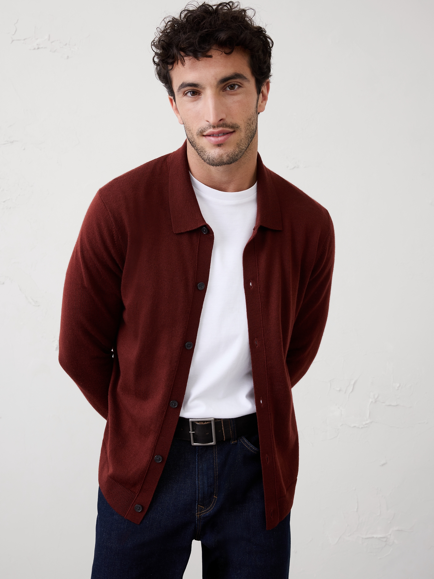 Image number 1 showing, Merino Wool Button-Through Polo Sweater