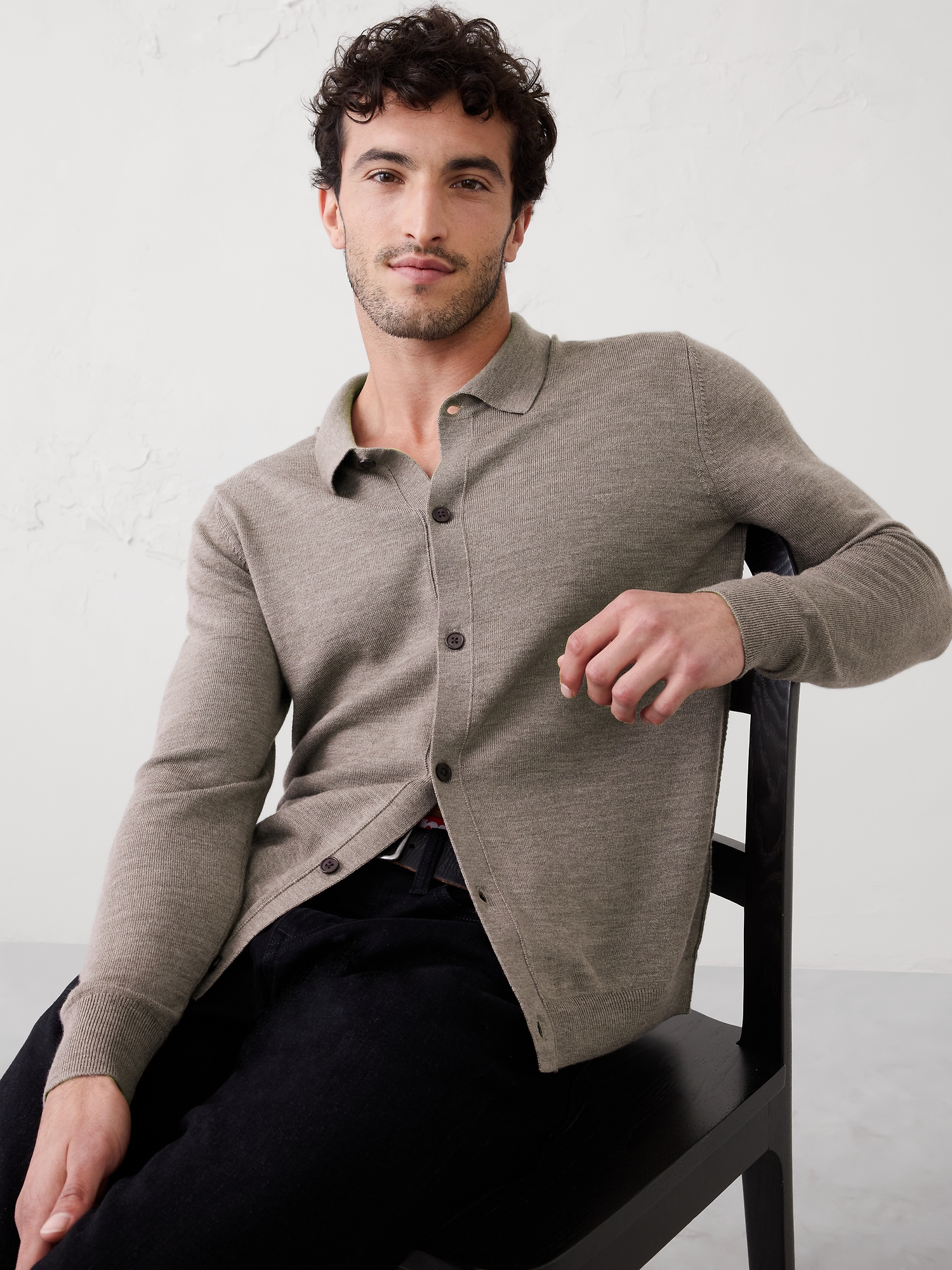 Image number 1 showing, Merino Wool Button-Through Polo Sweater
