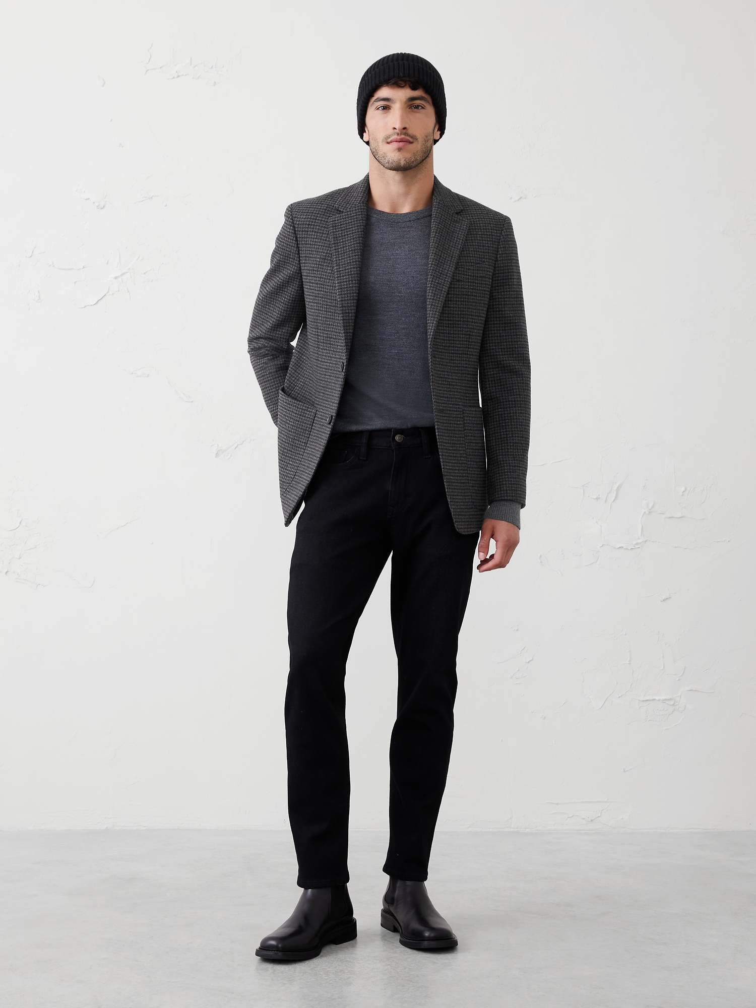 Tailored-Fit Wool-Blend Houndstooth Jacket - Grey Texture