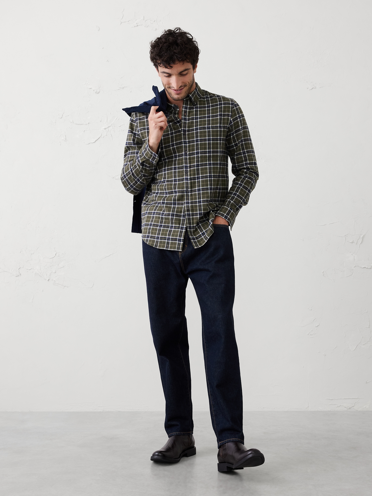 Slim-Fit Lightweight Flannel Shirt - Olive Plaid