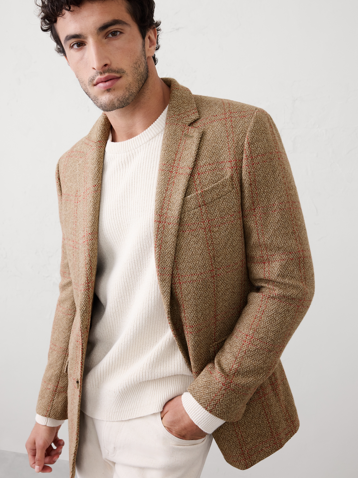 Image number 3 showing, Tailored-Fit Wool-Blend Windowpane Jacket