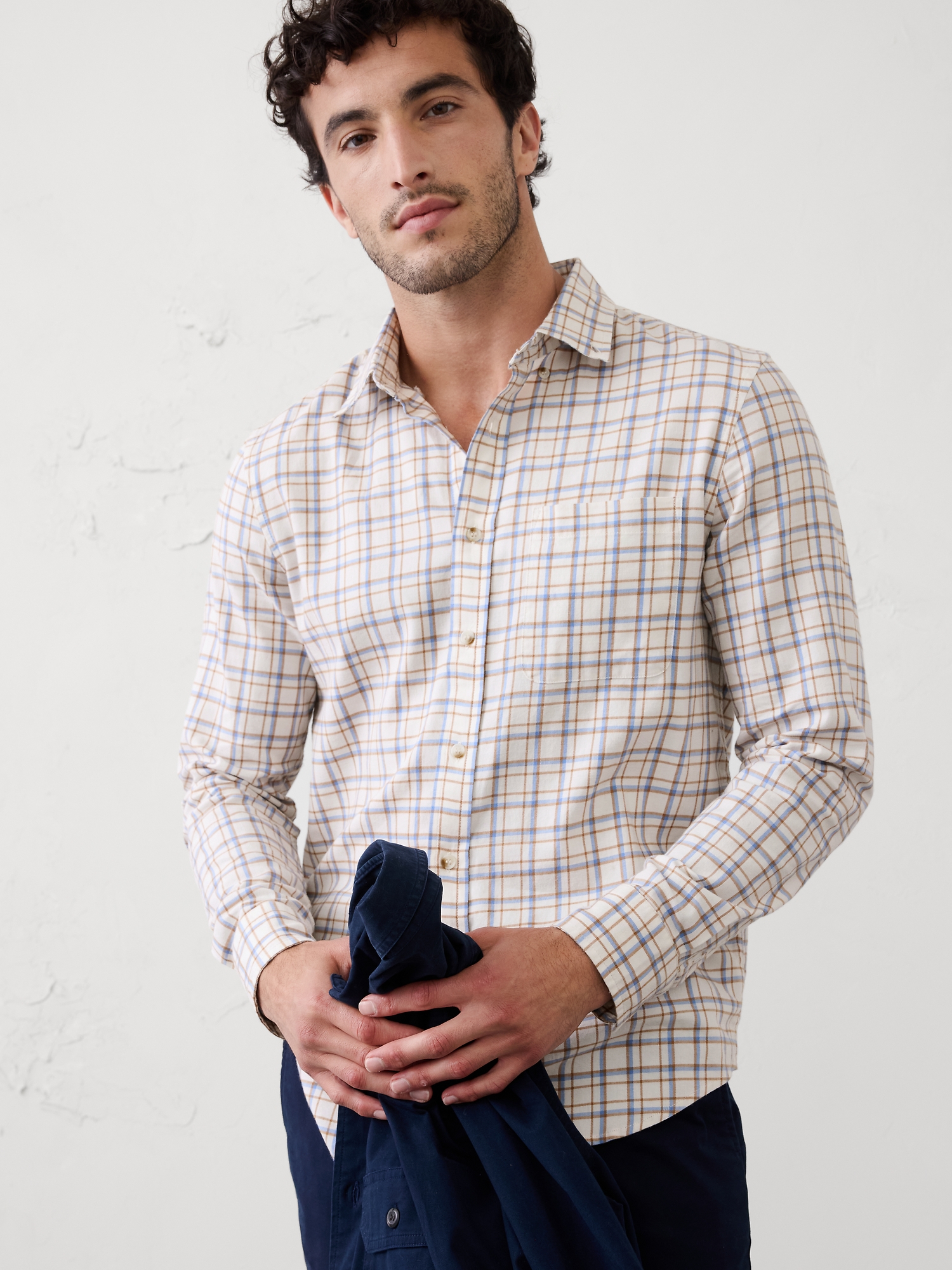 Slim-Fit Lightweight Flannel Shirt - White With Blue Plaid