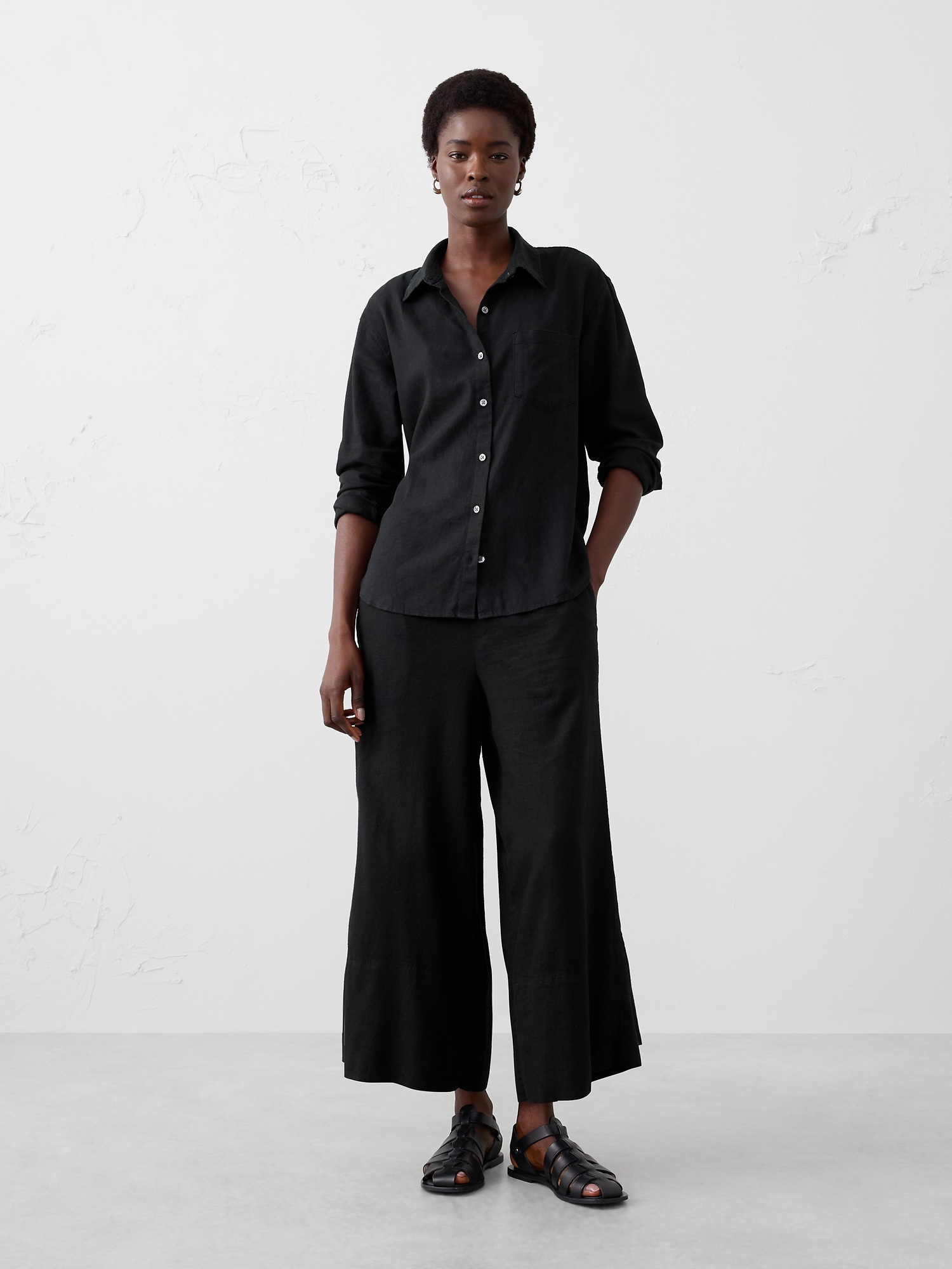 Image number 1 showing, Wide-Leg High-Rise Linen-Blend Cropped Pull-On Pant