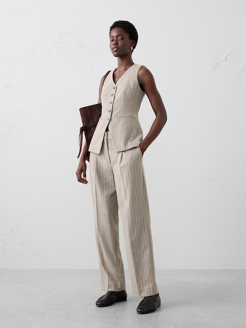 PANTALON DROIT À TAILLE HAUTE À RAYURES FINES
