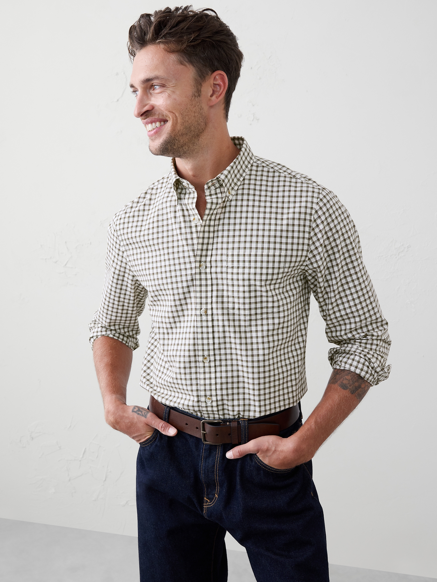 Slim-Fit Softwash Cotton Shirt - Olive Plaid
