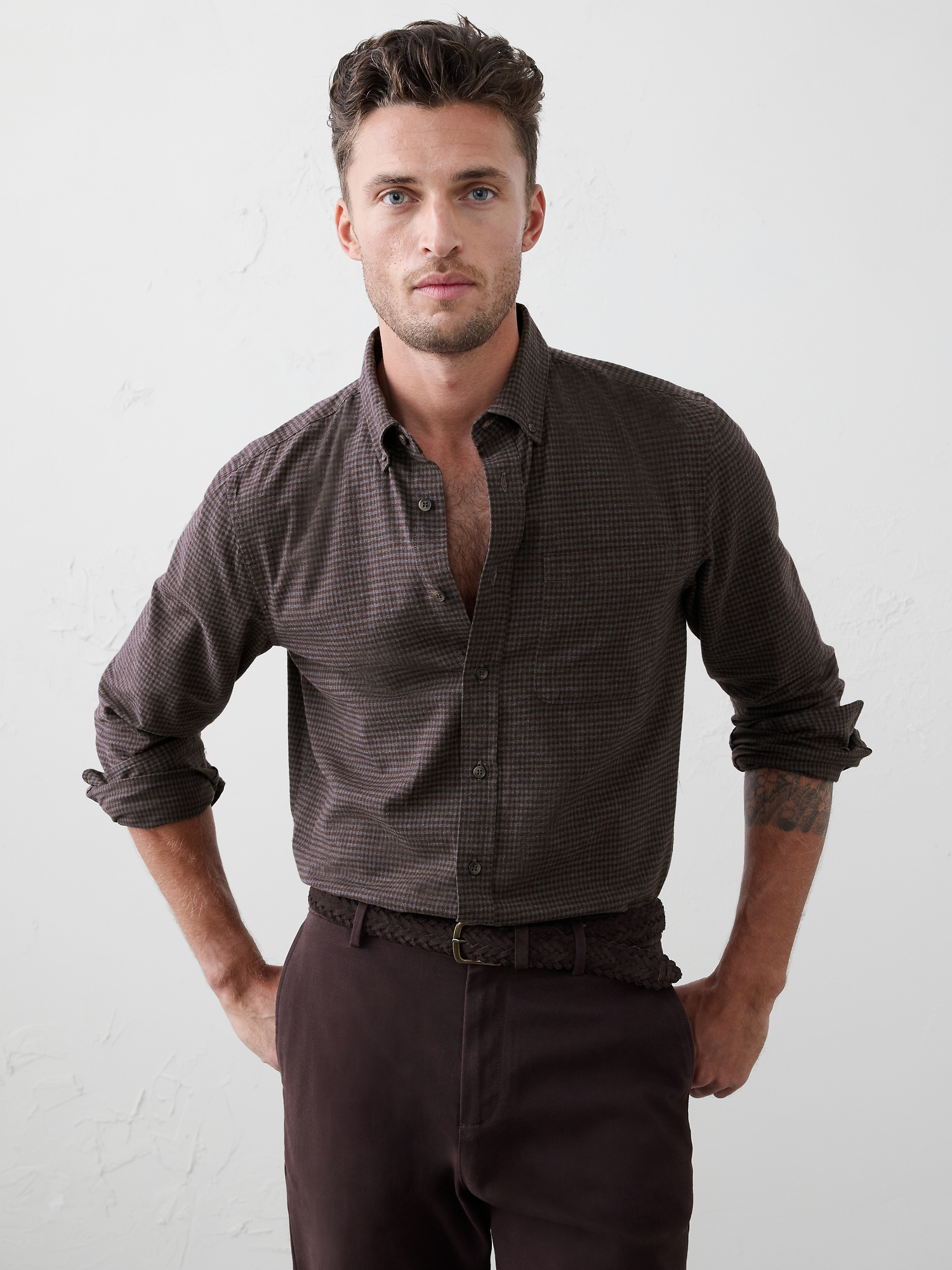 Slim-Fit Lightweight Flannel Shirt - Br Houndstooth Warm
