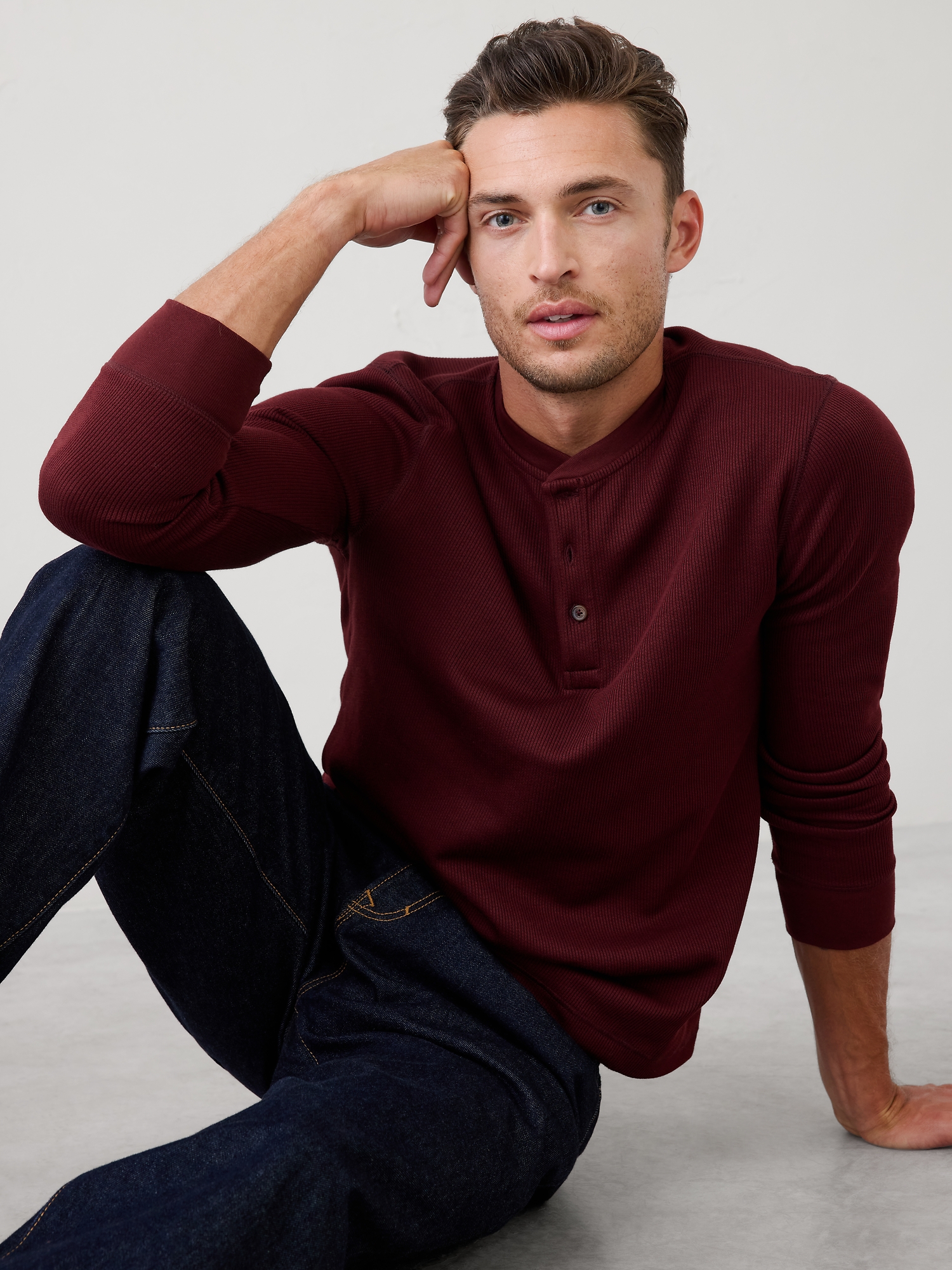 Waffle Knit Henley - Redwood Canopy