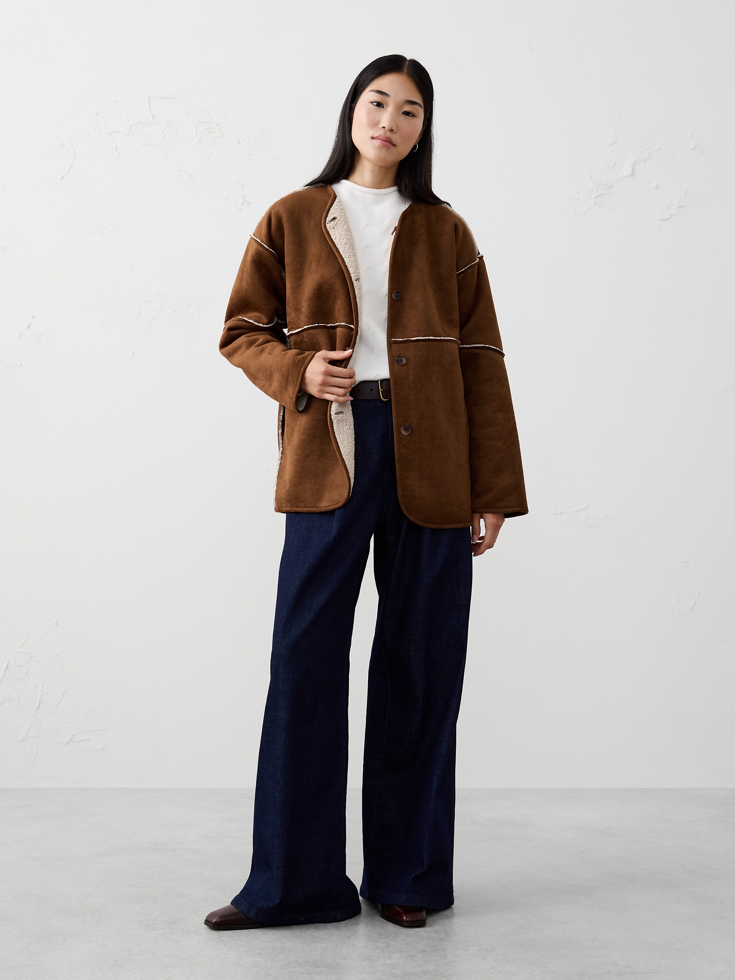 Image number 1 showing, Reversible Vegan Suede Sherpa Jacket