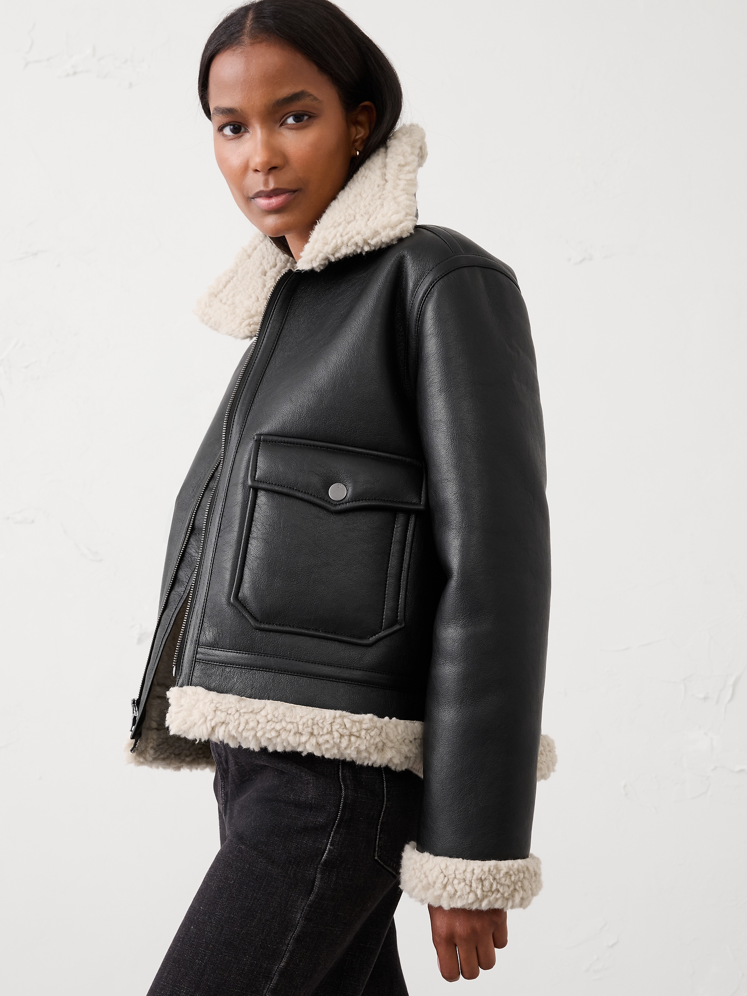 Image number 3 showing, Faux Shearling Vegan Leather Bomber Jacket