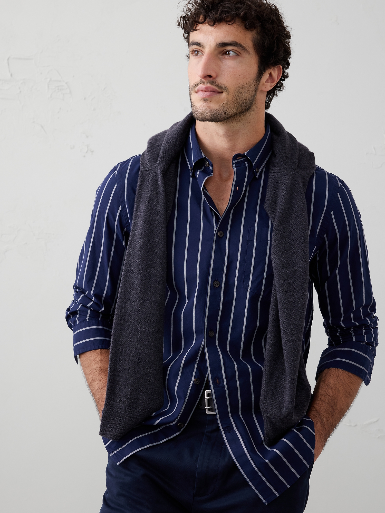 Slim-Fit Softwash Cotton Shirt - Navy With Cream Stripe